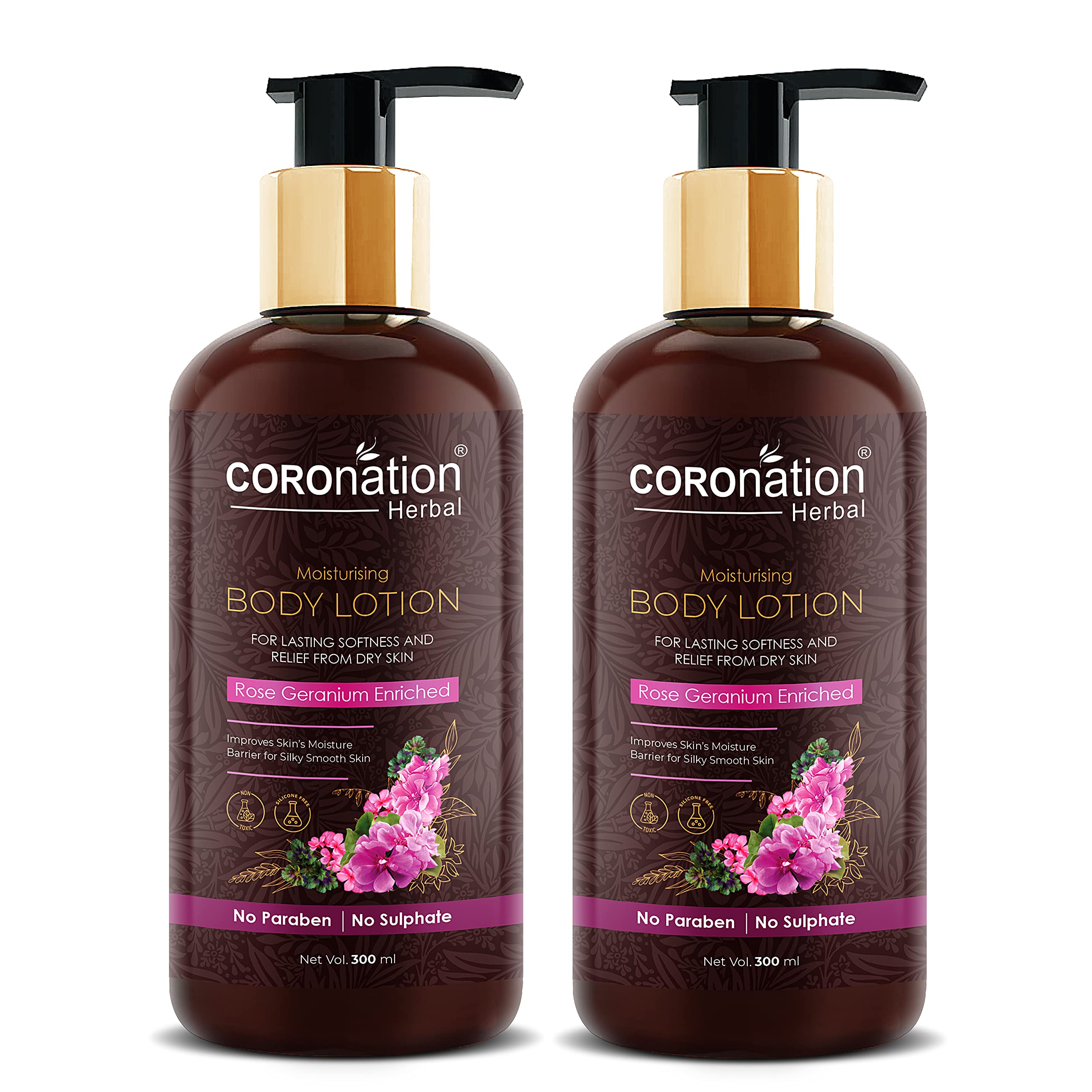 Organic Rose Geranium Face & Body Lotion for Women & Men - Hydrating Moisturizer with Natural Herbs, 300ml x 2 Pack - Perfect for Dry Skin Care, Daily Hydration & Spa Treatments