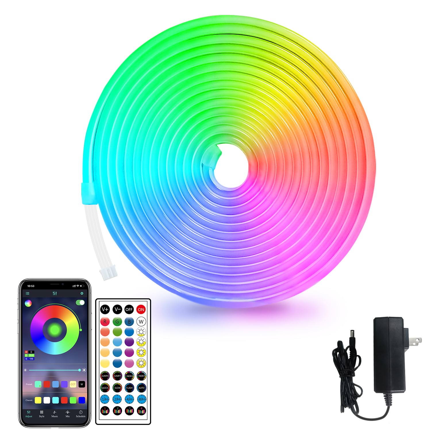 16.4ft LED Neon Strip Lights with Remote & APP Control, IP65 Waterproof 24V RGB Flexible Rope Lights for Bedroom, Party, Outdoor Decor - Perfect for Home, Bar, Wedding, and Holiday Lighting