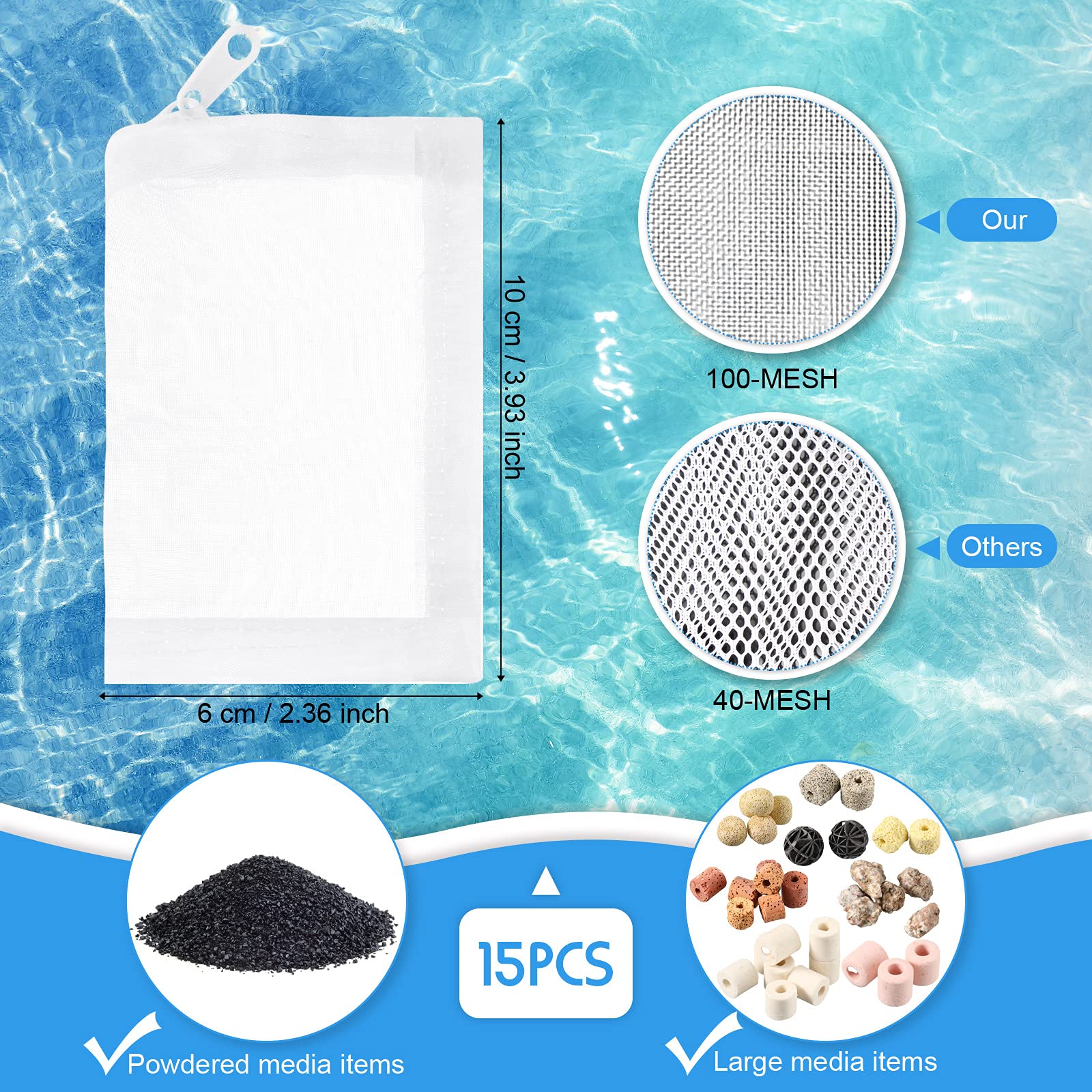 Geiserailie 15 Pack Aquarium Filter Media Bags - 150 Micron Fine Mesh Reusable Filter Bags with Zipper for Activated Carbon & Resins (2.4 x 4 Inch, Nylon) - Perfect for Fish Tank, Pond & Water Filtration Systems