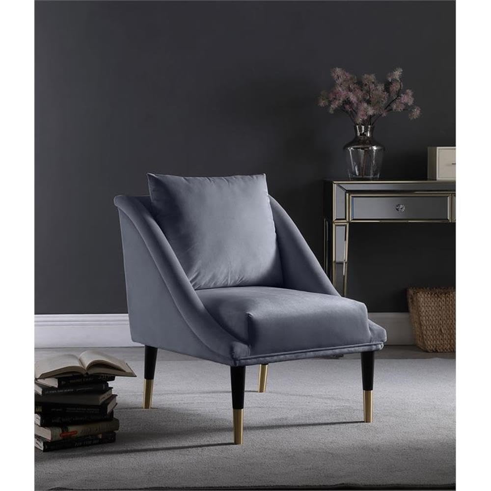 Meridian Furniture Elegante Collection Modern Velvet Accent Chair - Gold Capped Black Wooden Legs, Grey (26