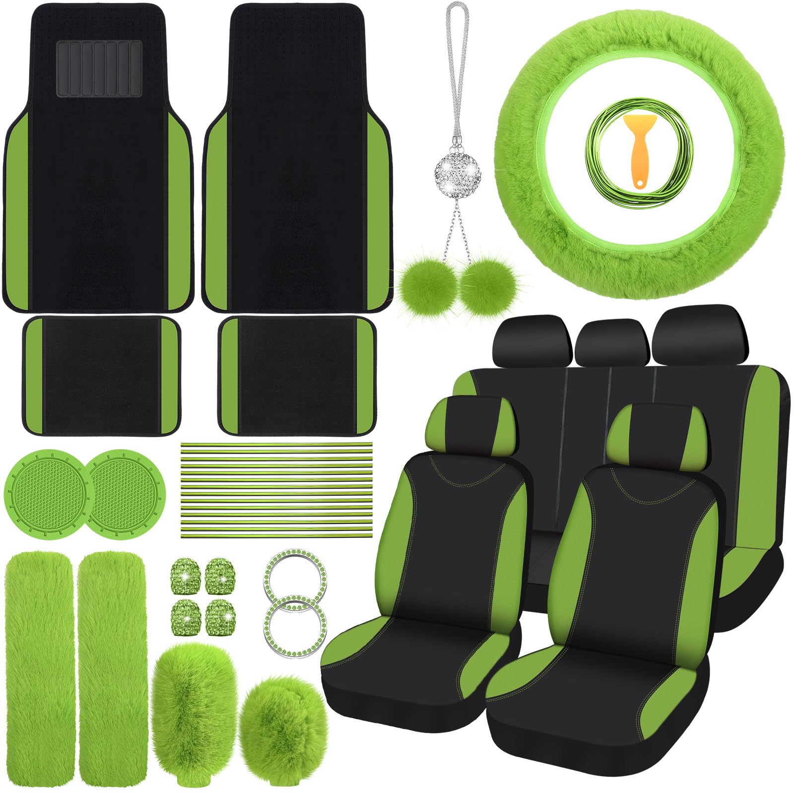 Woanger 47-Piece Luxury Car Seat Cover Set - Premium Fluffy Front & Rear Seat Covers with Steering Wheel Cover, Seat Belt Pads, Floor Mats & AC Vents Decor - Universal Fit for Women (Green) | Perfect for Winter Comfort & Car Interior Protection