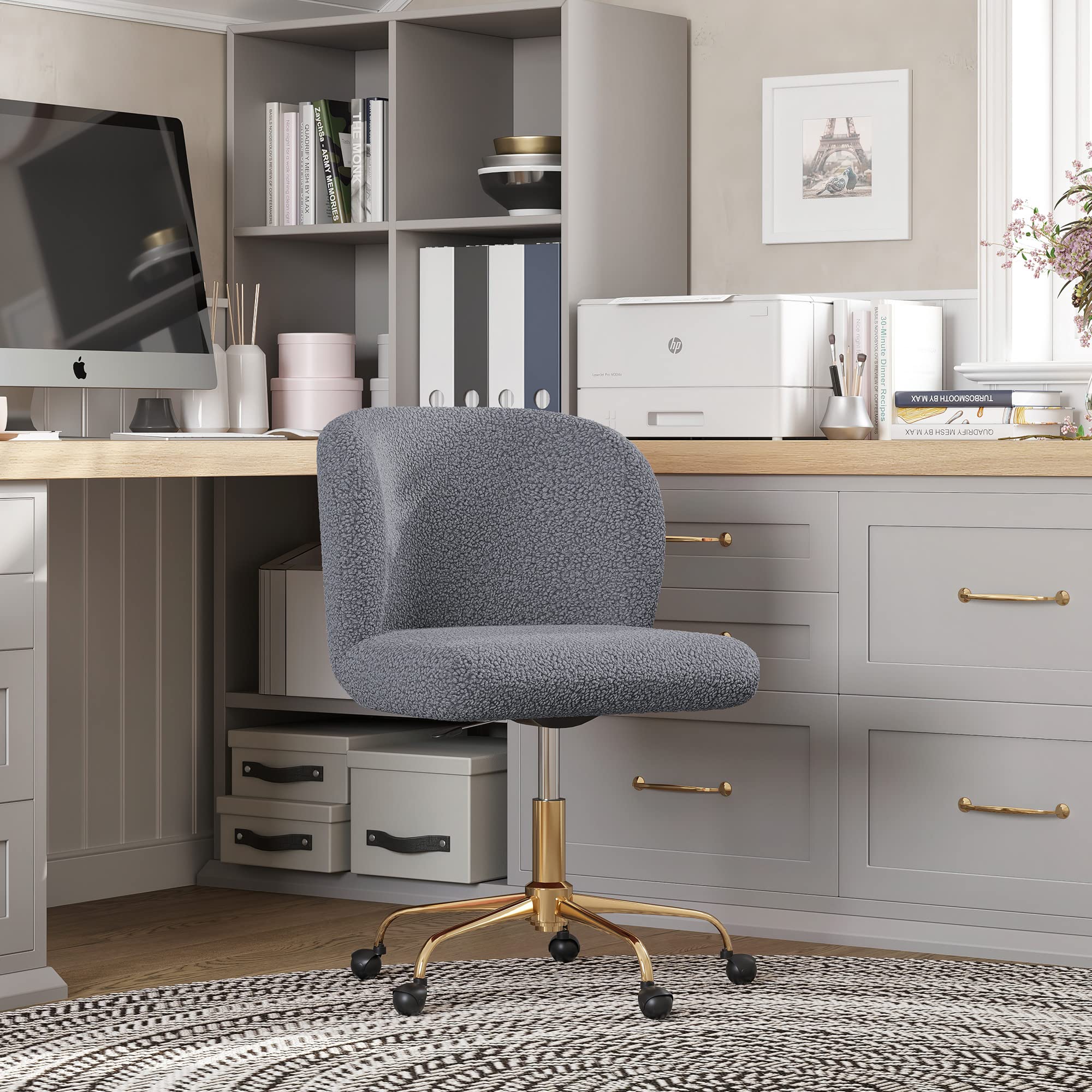 BELLEZE Modern Upholstered Boucle Swivel Office Chair with Adjustable Height, Rolling Wheels - Stylish Comfy Desk Chair for Home Office, Vanity or Study Room (Gold & Gray) - Perfect for Work, Gaming & Makeup Station