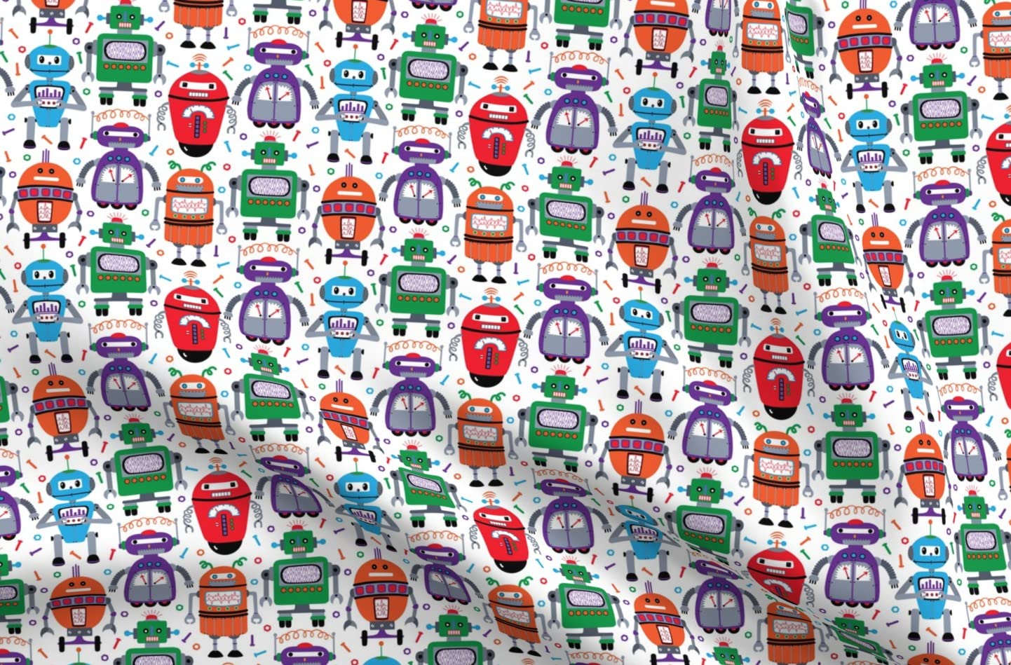 Premium Spoonflower Fabric - Nuts & Wheels Children Robots Print on Satin - Fat Quarter for Sewing, Apparel, Fashion, Blankets & Home Decor | Perfect for Kids Clothing, Quilting & DIY Craft Projects