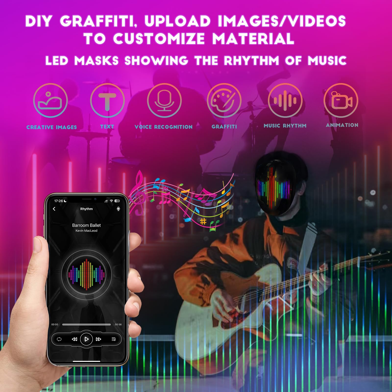 Depointer Life LED Face Mask with Voice Recognition & Gesture Control - Programmable App, Multi-Pattern Light Display for Cosplay, Rave Parties & Festivals