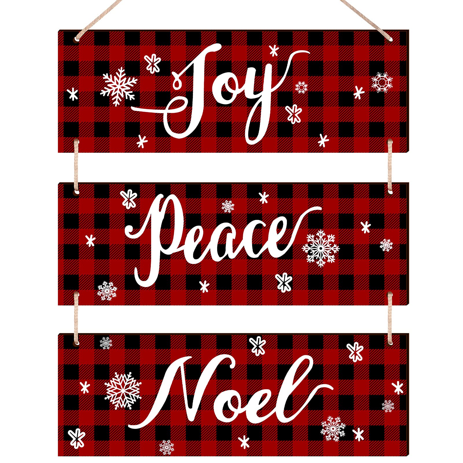 3-Piece Christmas Wooden Hanging Signs - Snowflake Wall Decor Plaids for Front Door, Porch, Indoor & Outdoor Holiday Home Decoration - Perfect for Christmas Tree, Fireplace Mantel & Winter Party Decor
