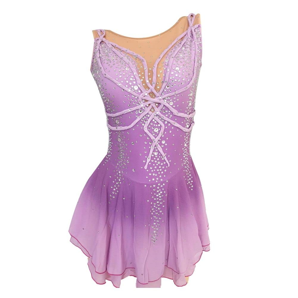 Girls Figure Skating Dress - Purple Gradient Sleeveless Mesh Competition Costume with Sparkling Diamonds | Perfect for Ice Skating Performances & Competitions