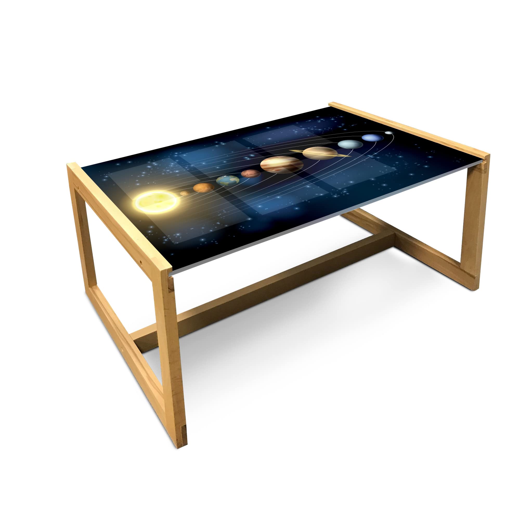 Ambesonne Outer Space Coffee Table - Solar System Planets & Sun Cartoonish Graphic, Acrylic Glass Top with Wooden Frame - Large Night Blue Multicolor Center Table for Office, Dorm, Living Room | Perfect for Space-Themed Decor & Sci-Fi Enthusiasts