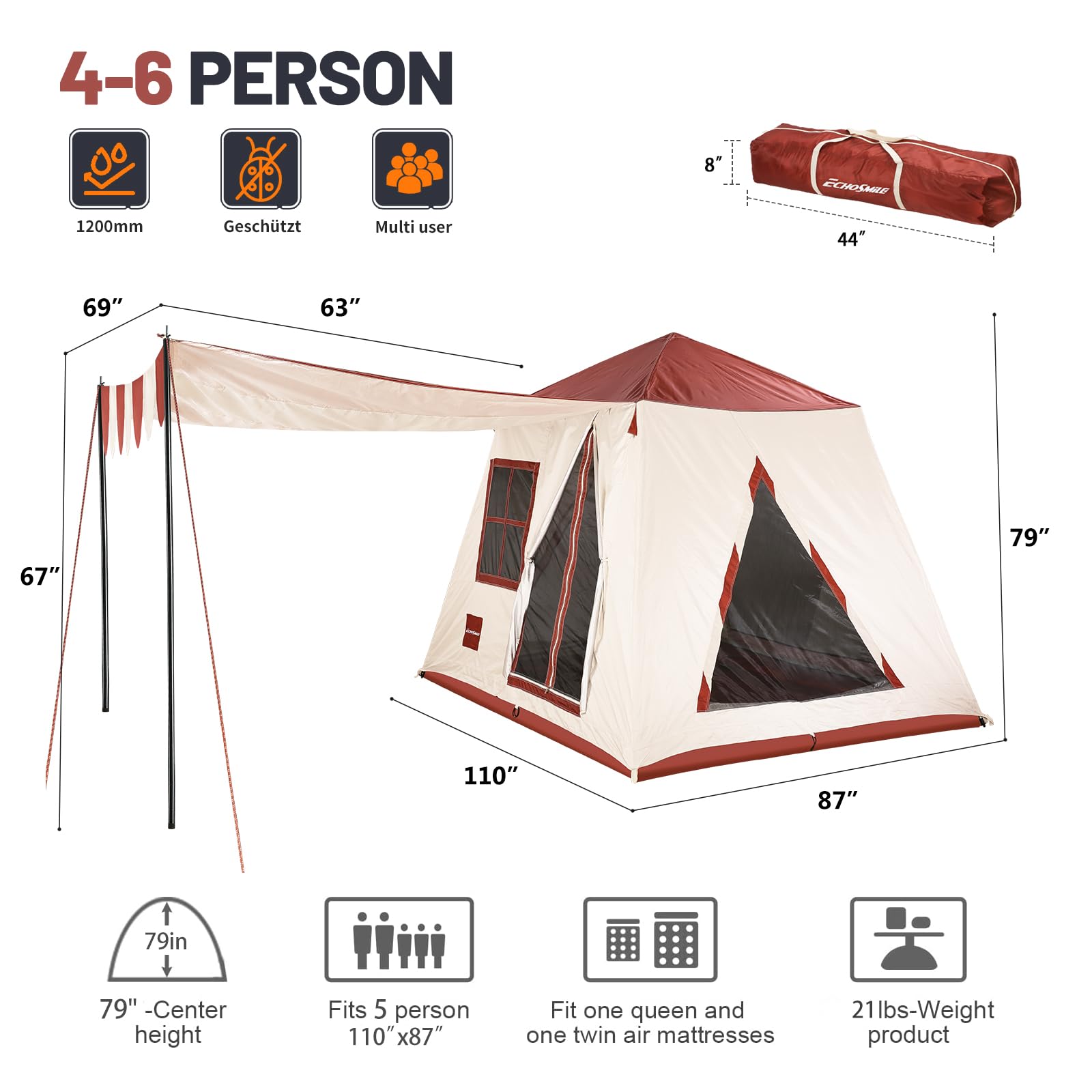 EchoSmile 4/5/6 Person Waterproof Camping Tent - Easy Setup Family Tent with Vestibule for Outdoor Adventures, Backpacking & Car Camping | Perfect for Hiking Trips, Beach Camping & Music Festivals