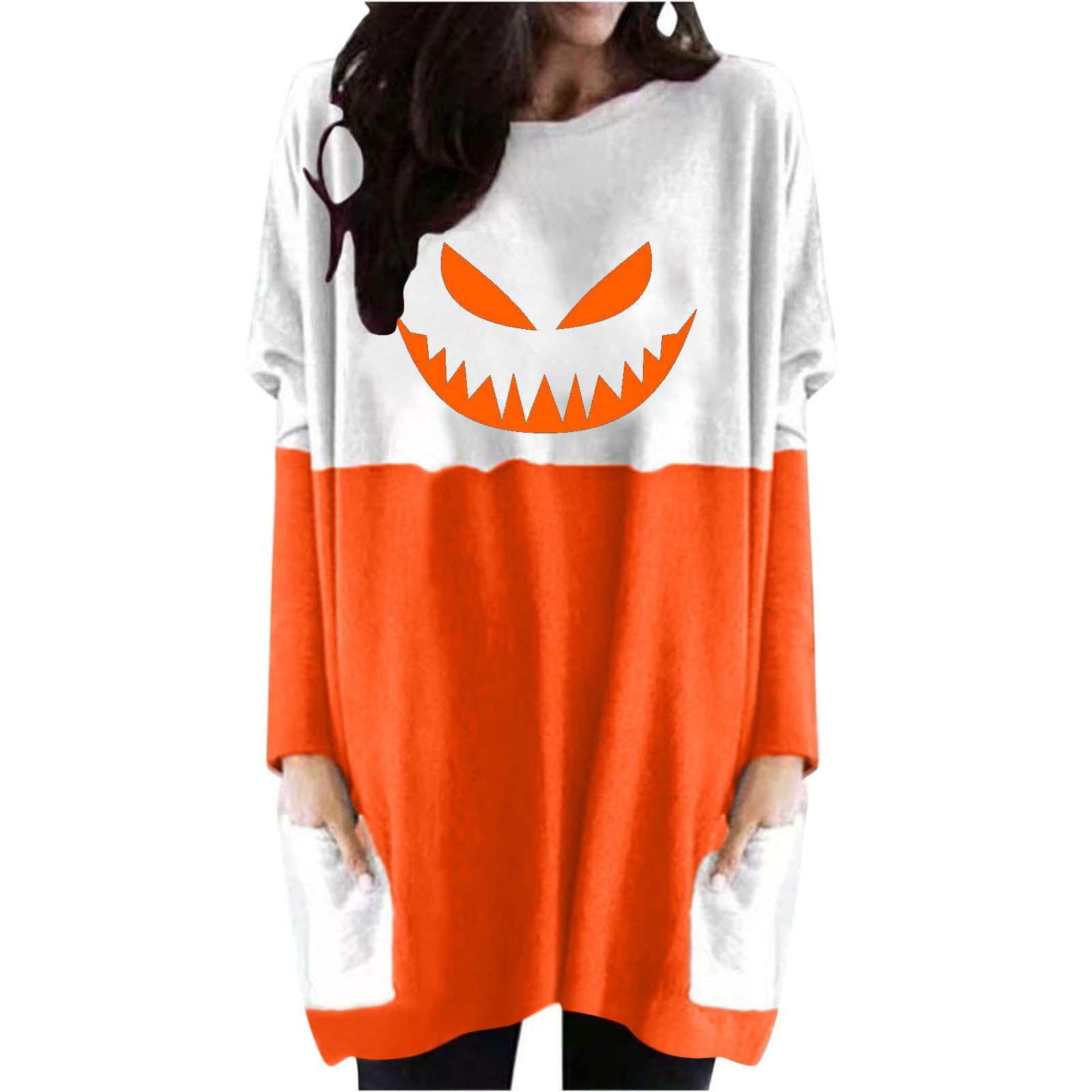 Women's Casual Loose Blouse Dress with Pockets - Long Sleeve Round Neck Printed Tops for Autumn - Halloween Funny Costume & Everyday Wear