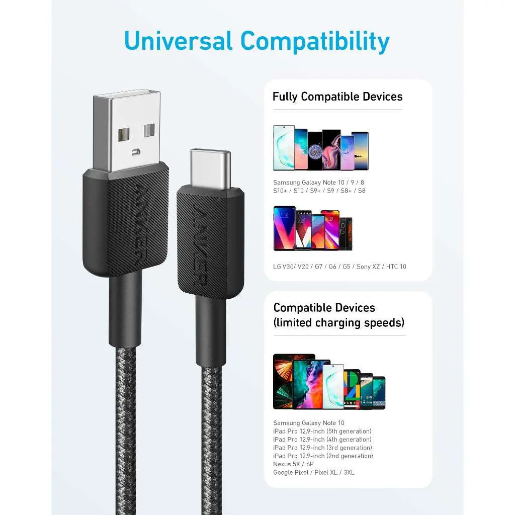 Anker 322 PowerLine USB A to USB C Fast Charging Cable 3ft/0.9m - High-Speed Charging & Data Sync for iPhone, Samsung, iPad & More - Perfect for Home, Office & Travel