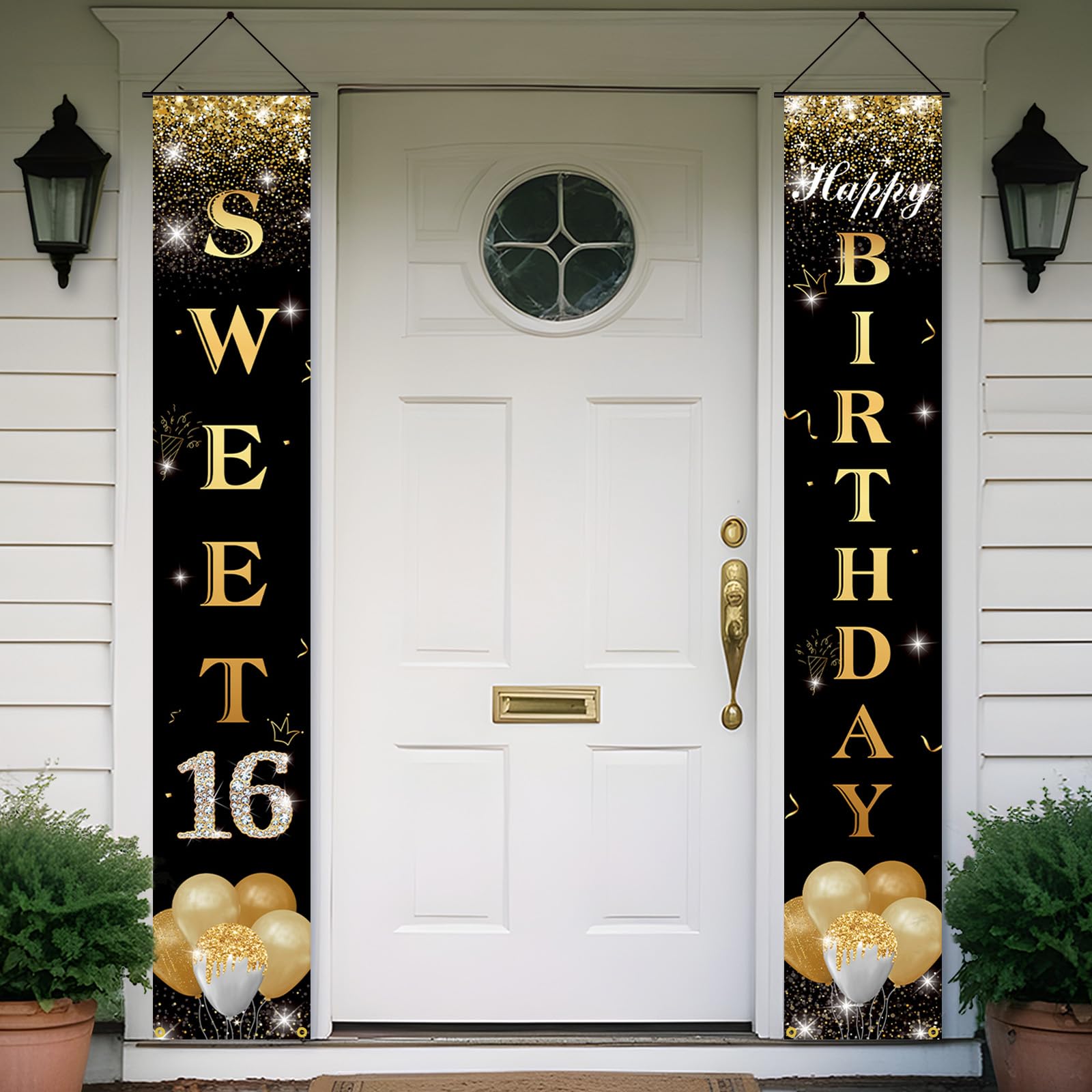 Happy 16th Birthday Decorations - Sweet Sixteen Porch Sign & Door Banner for Boys & Girls (Black Gold) | Oxford Fabric Yard Sign | Perfect for Sweet 16 Parties, Outdoor Decor & Milestone Celebrations