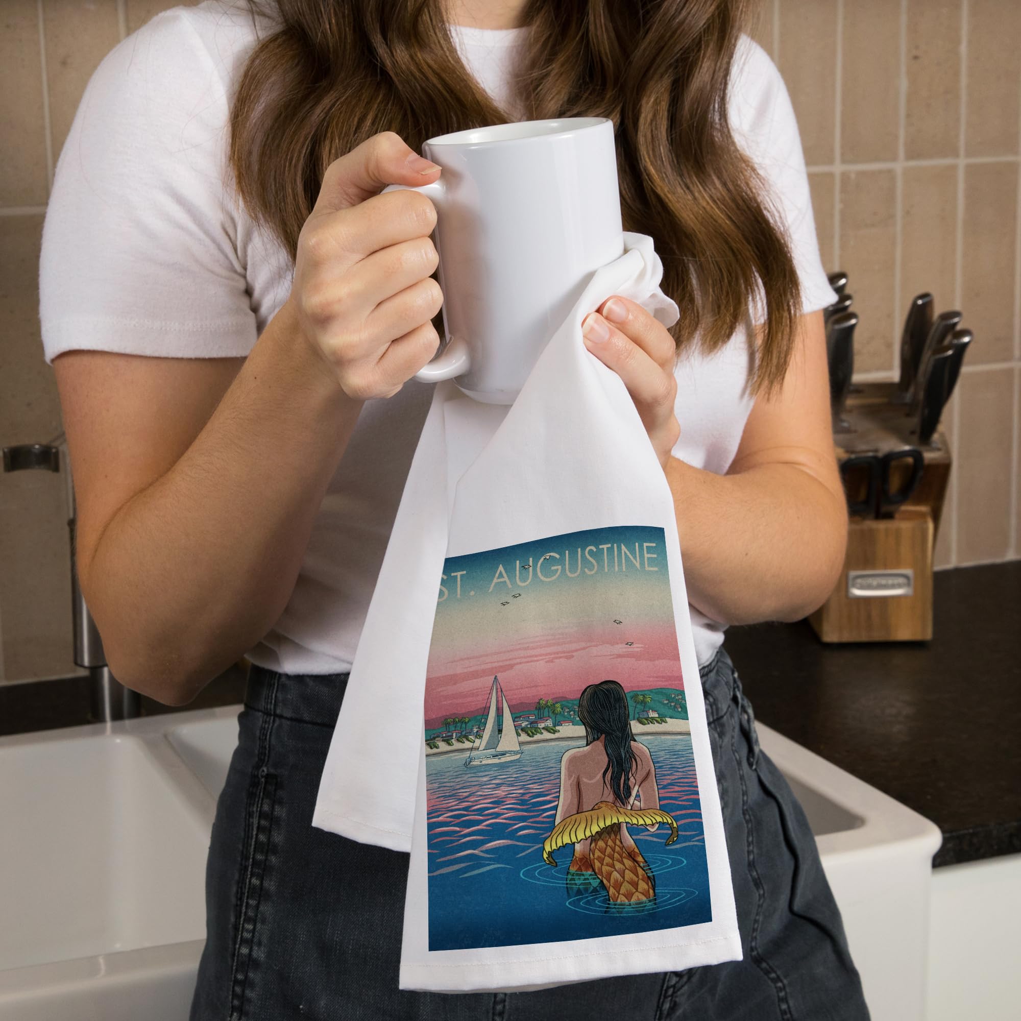 Lantern Press St. Augustine Mermaid Beach 100% Cotton Tea Towel - Decorative Hand Towel for Kitchen, Bathroom & Home Decor | Perfect for Coastal Themed Decor, Gift Giving and Beach House Accessories