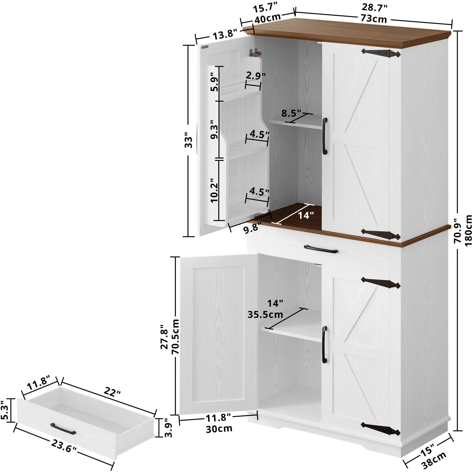IRONCK Farmhouse Kitchen Pantry Cabinet - 6 Adjustable Shelves, Freestanding Storage Cupboard with Barn Doors for Kitchen & Dining Room (White/Walnut) - Perfect for Organizing Spices, Cookware & Home Decor
