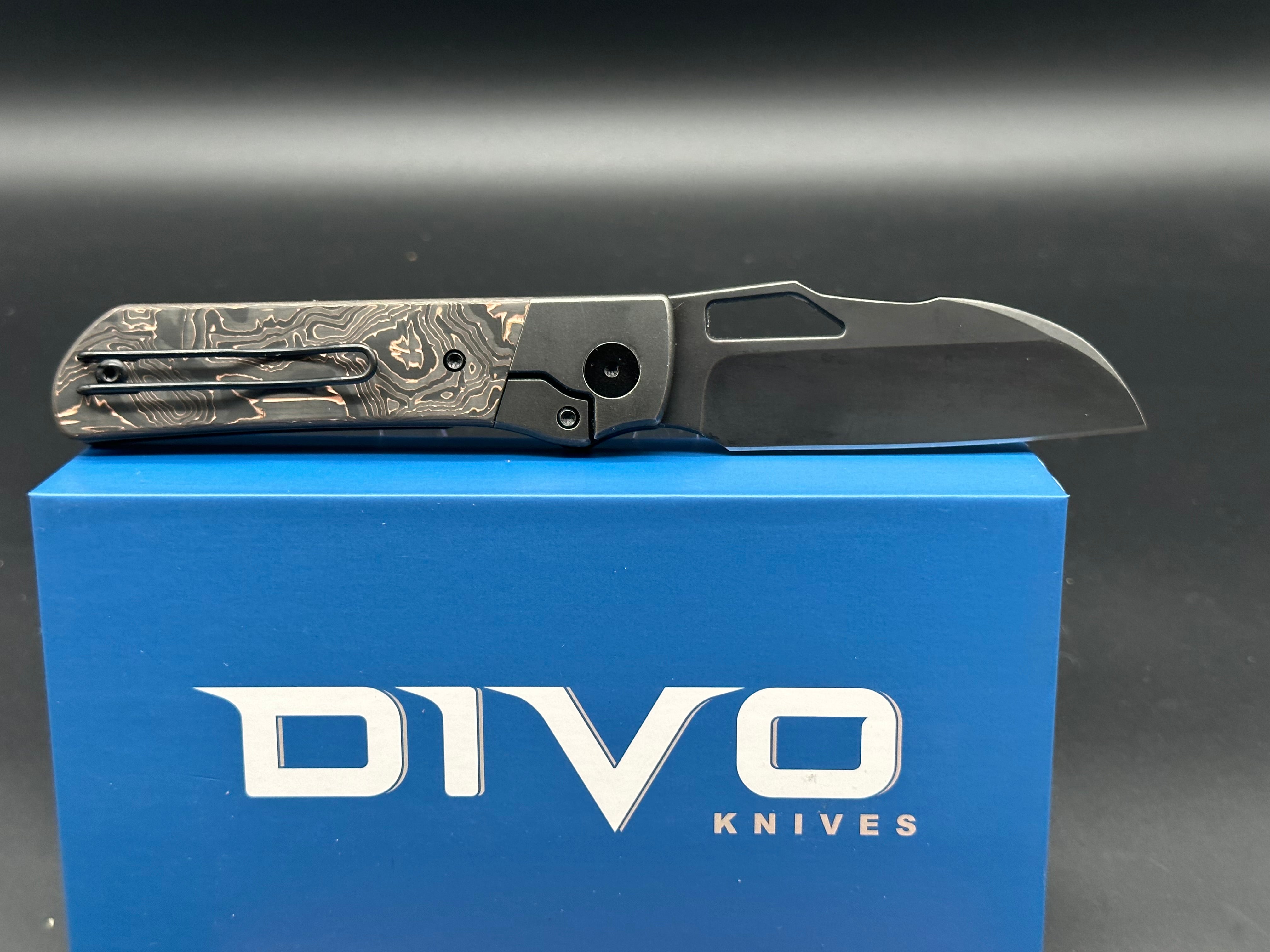 Premium Divo Knives Stout Copper & Carbon Fiber Scales Titanium Frame with 20CV Blade & Timascus Back Spacer – Perfect for EDC, Outdoor Adventures & Collectors