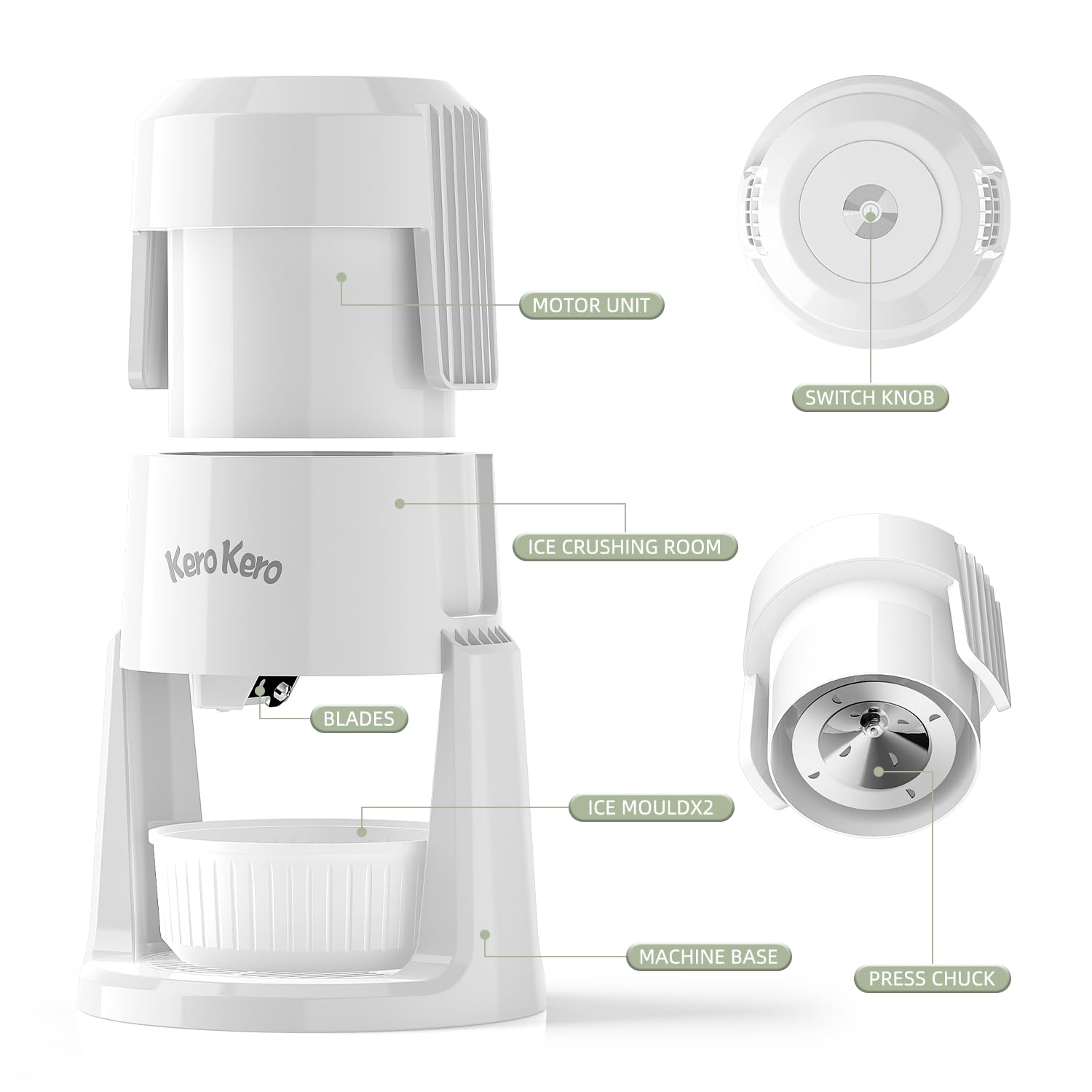 Premium Kero Kero Snow Cone Maker Machine - Electric Shaved Ice Maker with 2 Reusable Ice Molds & Adjustable Blades for Fluffy or Crunchy Texture - Perfect for Snow Cones, Slushies, Margaritas, Cocktails & Party Drinks - Portable & Easy to Use White Ice Shaver for Home, Parties & Outdoor Events