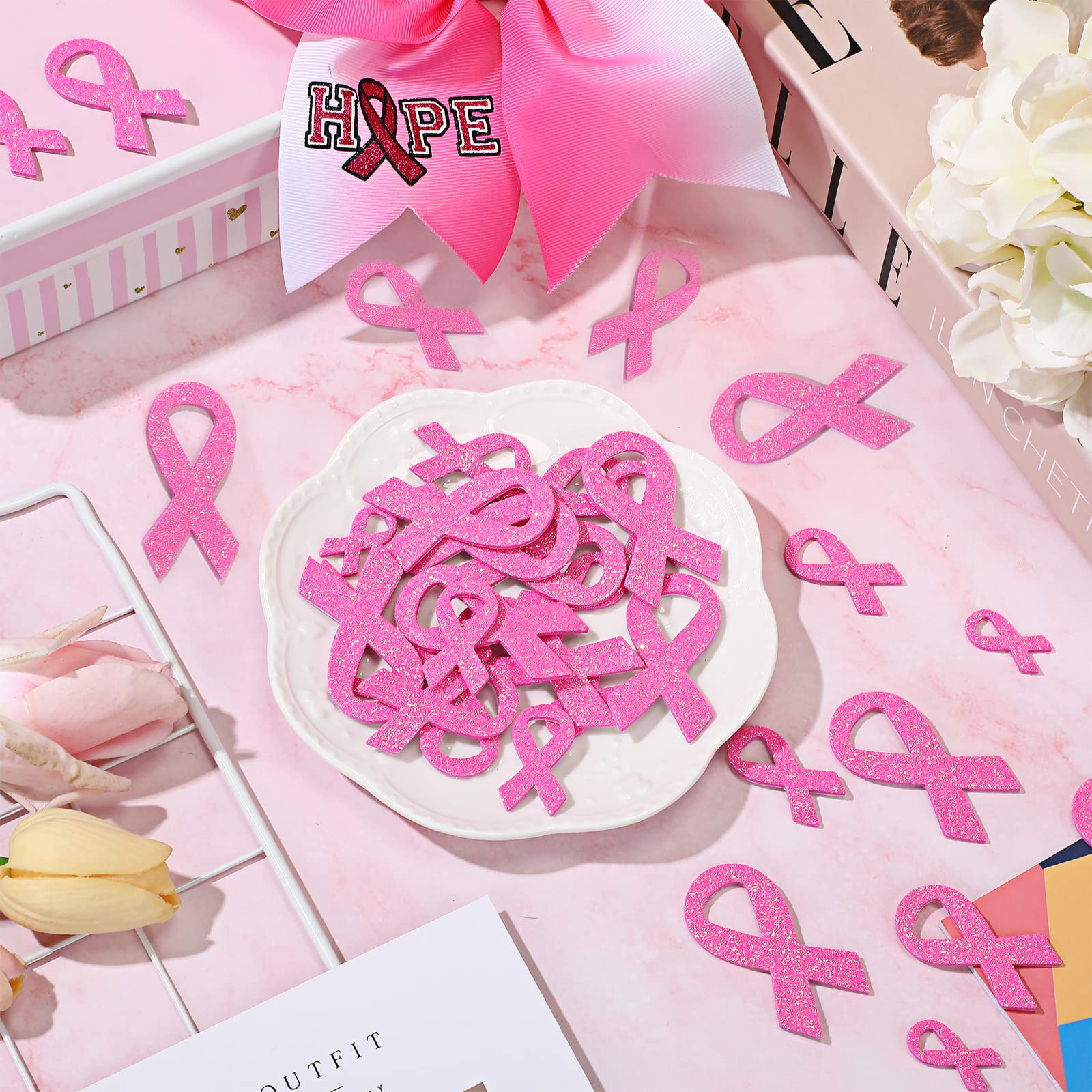 Mimorou 500 Pcs Pink Ribbon Glitter Foam Stickers - Breast Cancer Awareness Stickers for Helmets, DIY Crafts, Scrapbooking & Gifts - Waterproof Self-Adhesive Stickers for Women, Fundraising Events & Charity Support