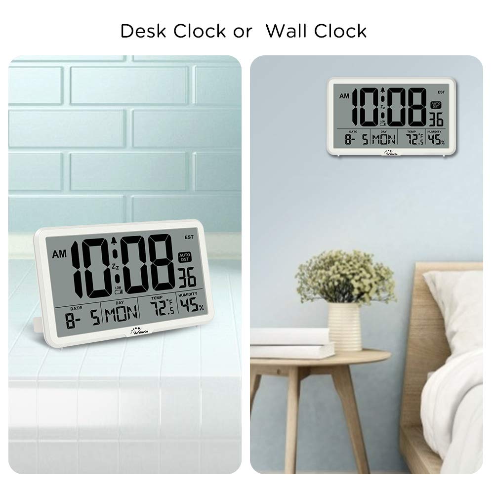 WallarGe Auto Set Digital Wall Clock with Temperature & Humidity - Large Display Battery Operated Desk Clock with Date, 8 Time Zones & Auto DST - Perfect for Elderly, Bedroom, Office & Home Use