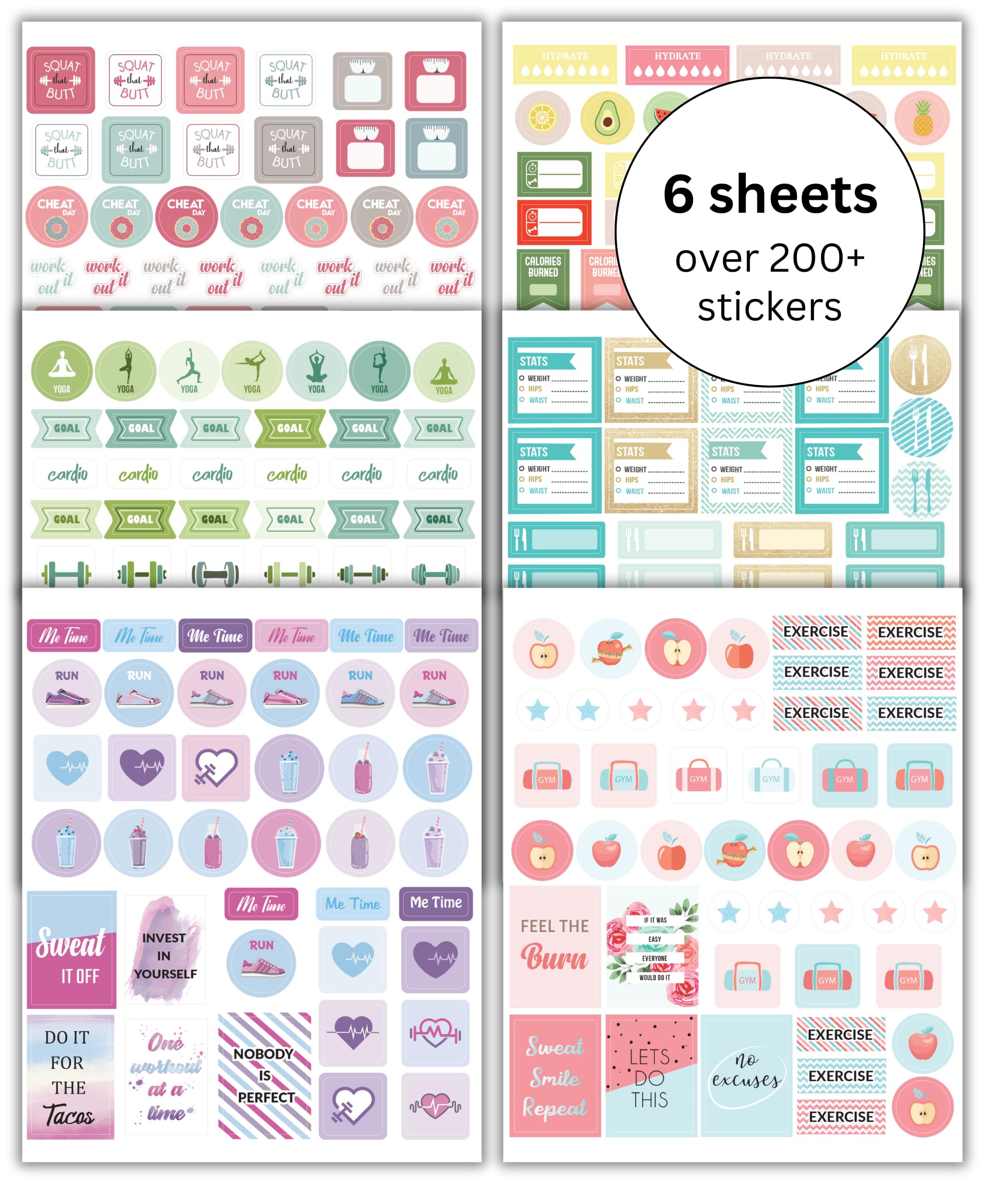 Fitness & Food Planner Stickers - Motivational Workout Journal Stickers for Women | Weight Loss & Meal Tracking