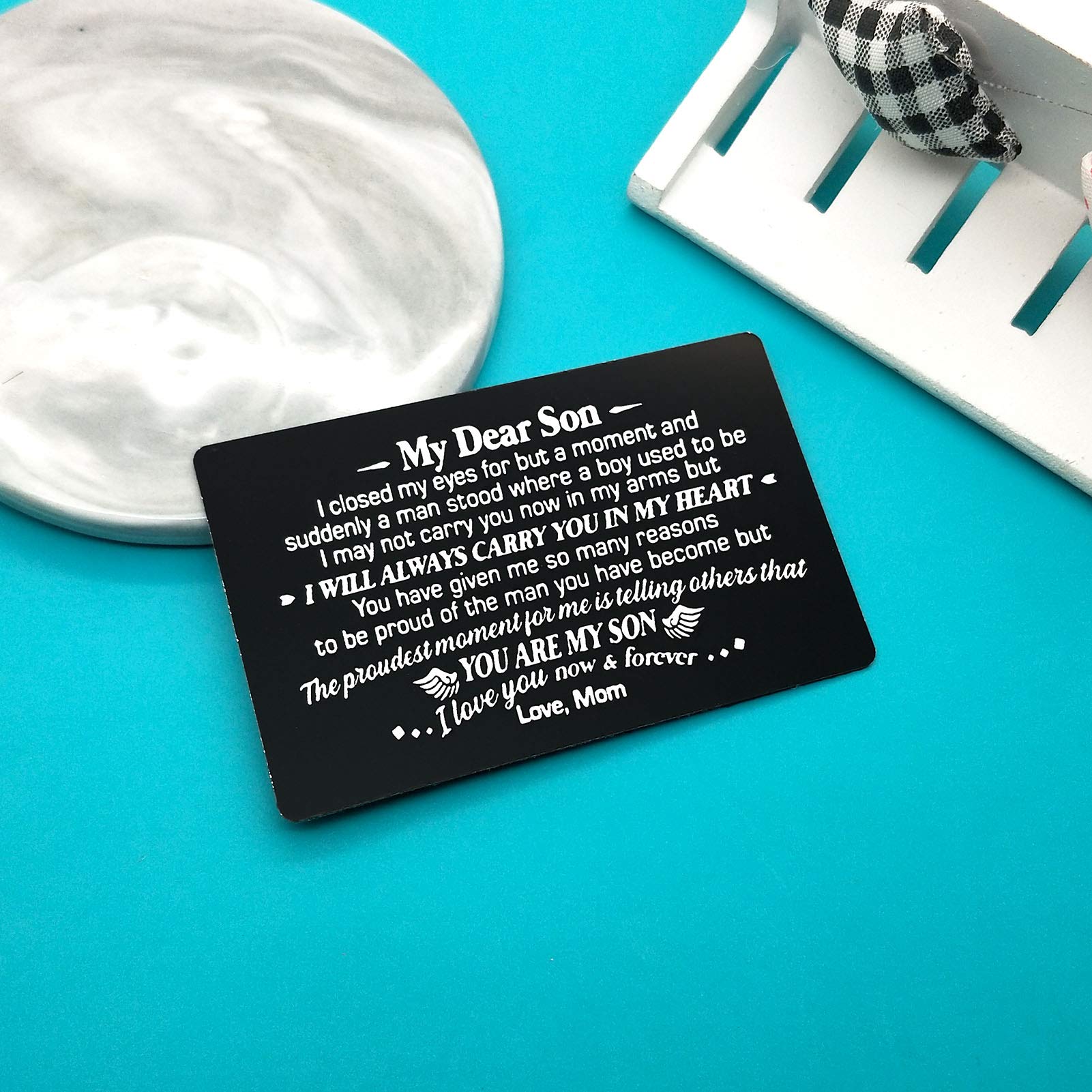 Personalized Engraved Wallet Card for Son - Inspirational Gift from Mom for Christmas, Birthday, Graduation, Wedding & Encouragement - Perfect Keepsake for Special Occasions