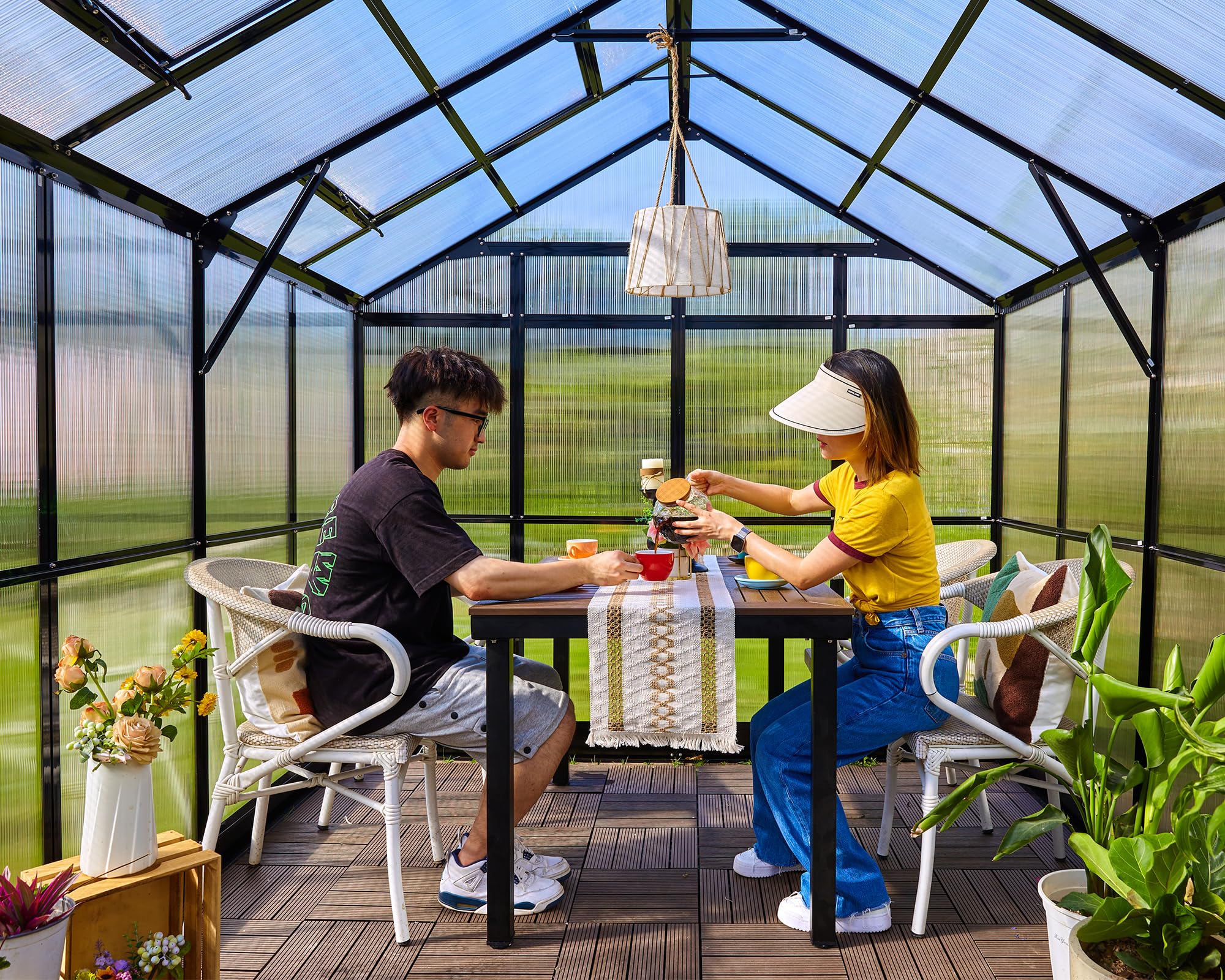 Jocisland 7.5x11.2x7.4 FT Walk-in Greenhouse - Durable Aluminum Frame & Polycarbonate Panels with Ventilation Windows & Rain Gutter System, 2 Swing Doors with Hooks - Perfect for Outdoor Gardening, Backyard Plant Nursery & Year-Round Growing