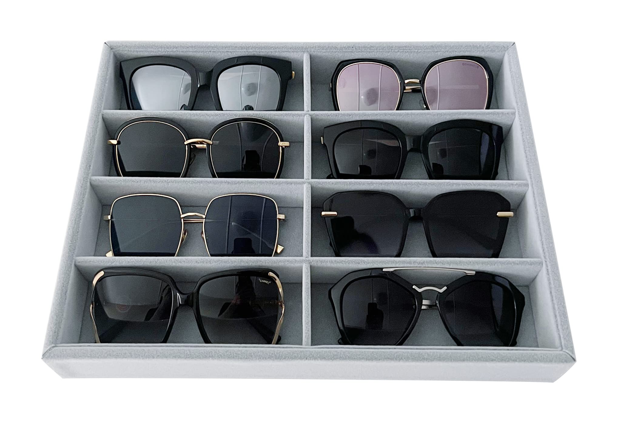 Premium Velvet Grey Jewelry Tray - Stackable Eyewear Organizer & Drawer Insert Divider for Sunglasses, Watches, Rings - Perfect for Bedroom Vanity, Travel Case & Gift Box Organization