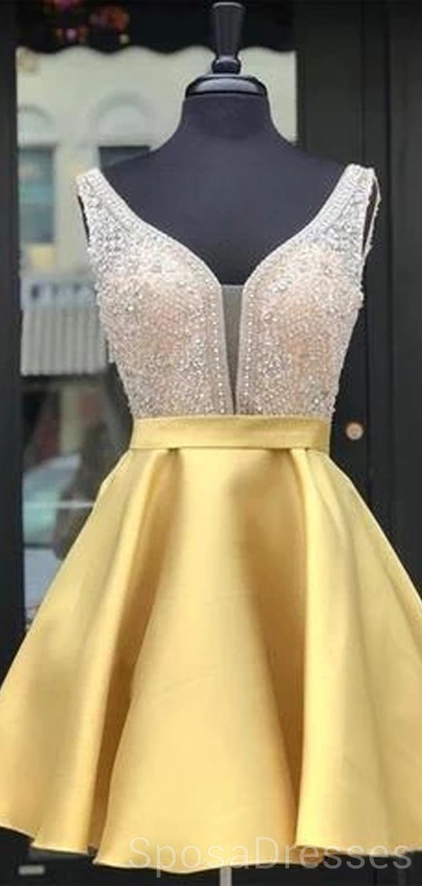 Gold V-Neck Beaded Short Homecoming Dress | Elegant Prom Dress for Women | CM838 | Perfect for Parties, Dances & Special Events