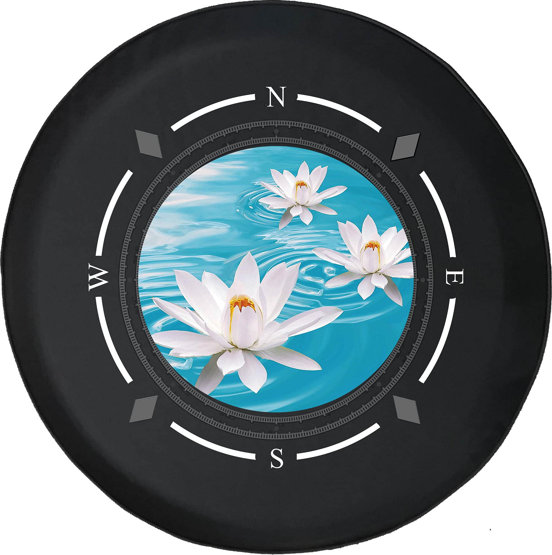American Unlimited Spare Tire Cover with Compass & White Lotus Design - Universal Fit for SUV, Trailer, RV & Most Vehicles | Durable Wheel Protection for Outdoor Adventures & Road Trips