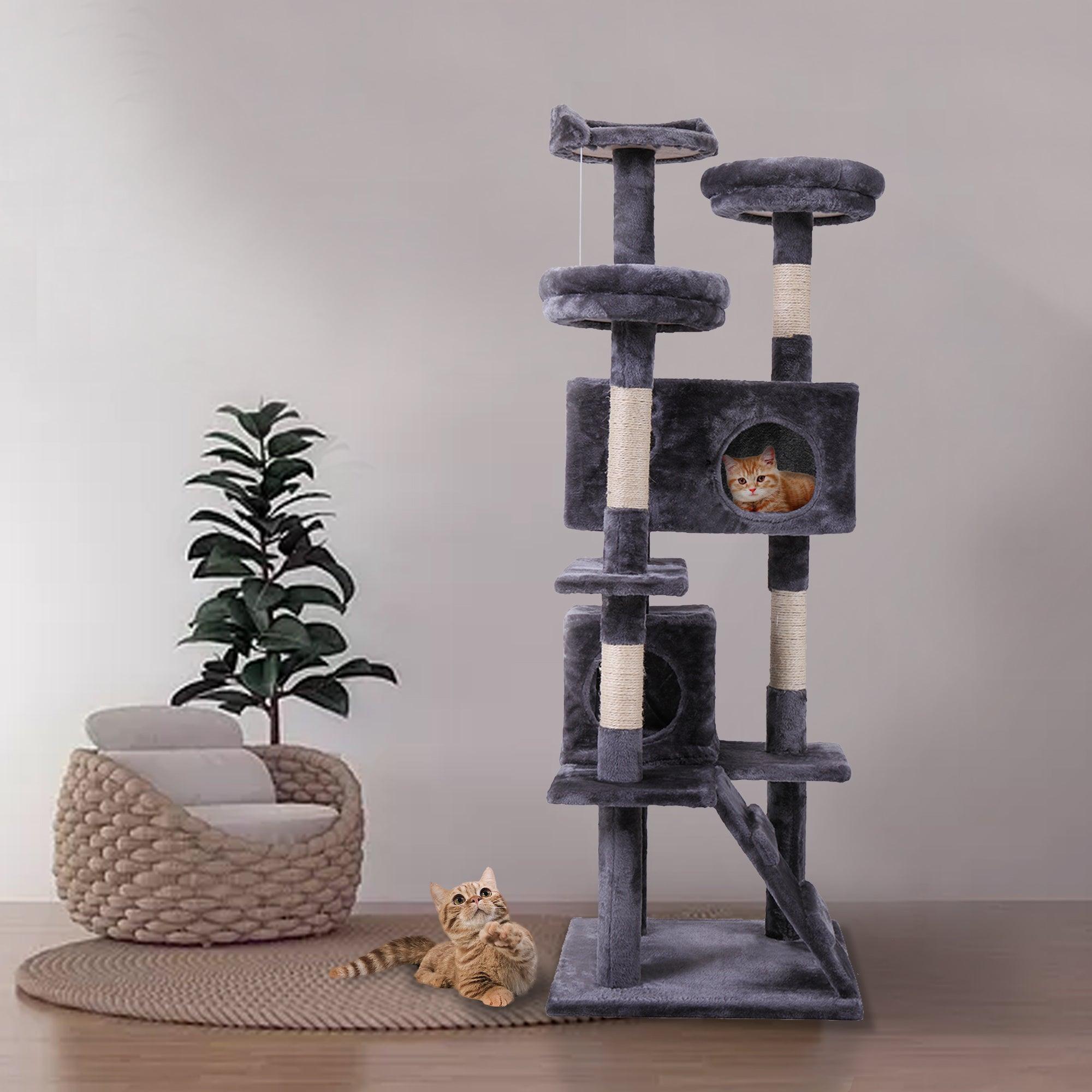 Premium Cat Tree Tower with Scratching Ball, Plush Cushion, Ladder & Condos - Multi-Level Indoor Cat Furniture for Play, Rest & Climbing (Gray) - Perfect for Small Spaces & Active Cats