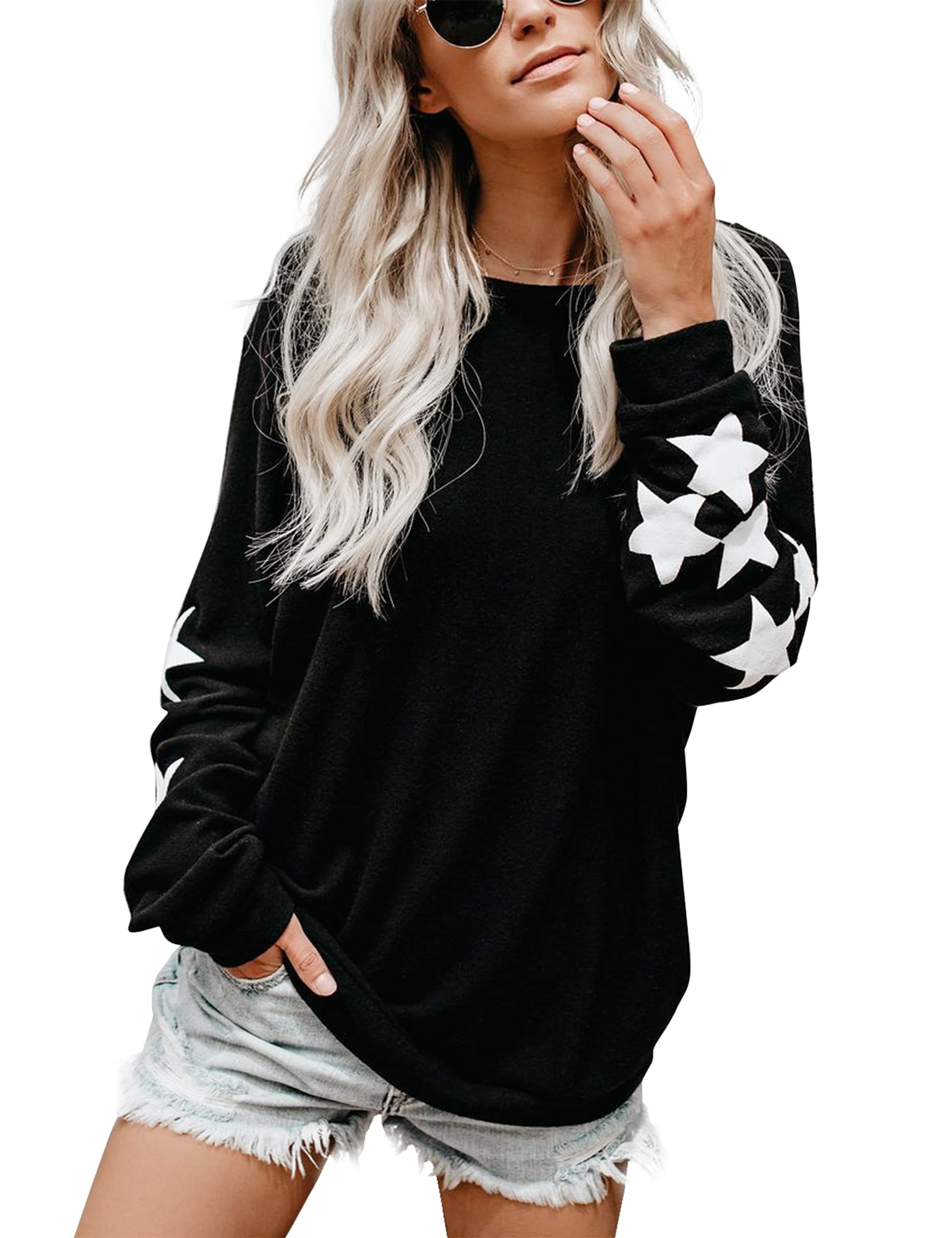 Women's Lightweight Knit Pullover Sweater - Crewneck Long Sleeve Star Print Cute Top | Casual Fall Winter Fashion, Office Wear & Cozy Outfit