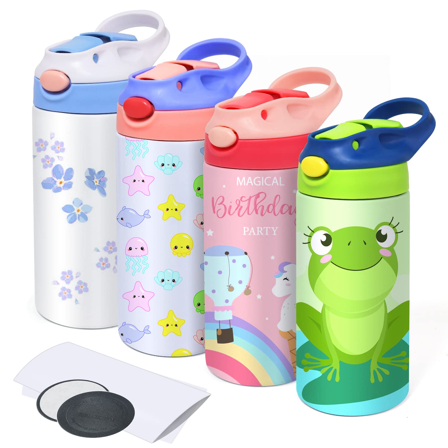 Mocaru 12oz Stainless Steel Insulated Kids Sippy Cup with Leak-Proof Straw Lid & Handle - Sublimation Ready Toddler Water Bottle (4 Pack) - Perfect for Daycare, School, Travel & Outdoor Activities