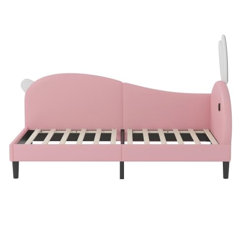 Bellemave Twin Size Kids Bed Frame with Rabbit Ear Headboard - Upholstered Daybed for Girls in Pink | Perfect for Nursery, Bedroom & Playroom Decor