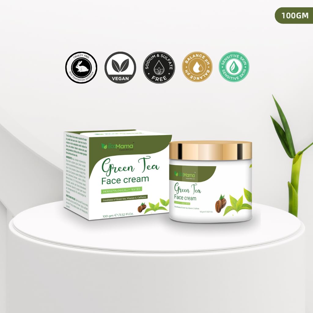 Eco Mama Green Tea Face Cream - Anti-Aging Day Cream for Wrinkles & Dark Spots | 100g Organic Skincare | Perfect for Daily Hydration & Brightening