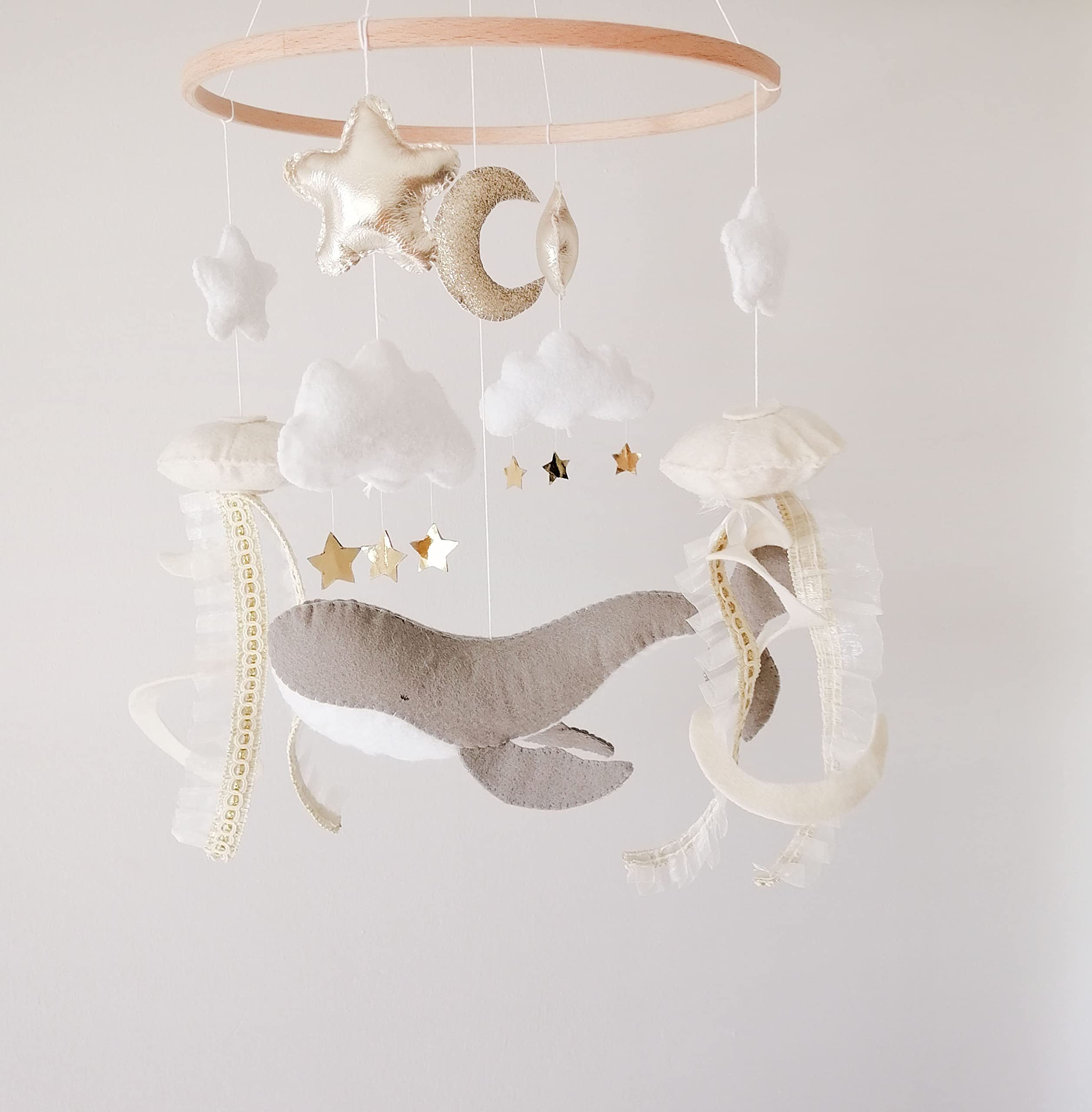 Whale Baby Mobile - Ocean Themed Crib Mobile with Jellyfish, Gold Star & Moon - Under The Sea Felt Animals for Neutral Nursery - Perfect Baby Shower Gift for Newborns & Toddlers - Ideal for Bedroom Decor & Sensory Development