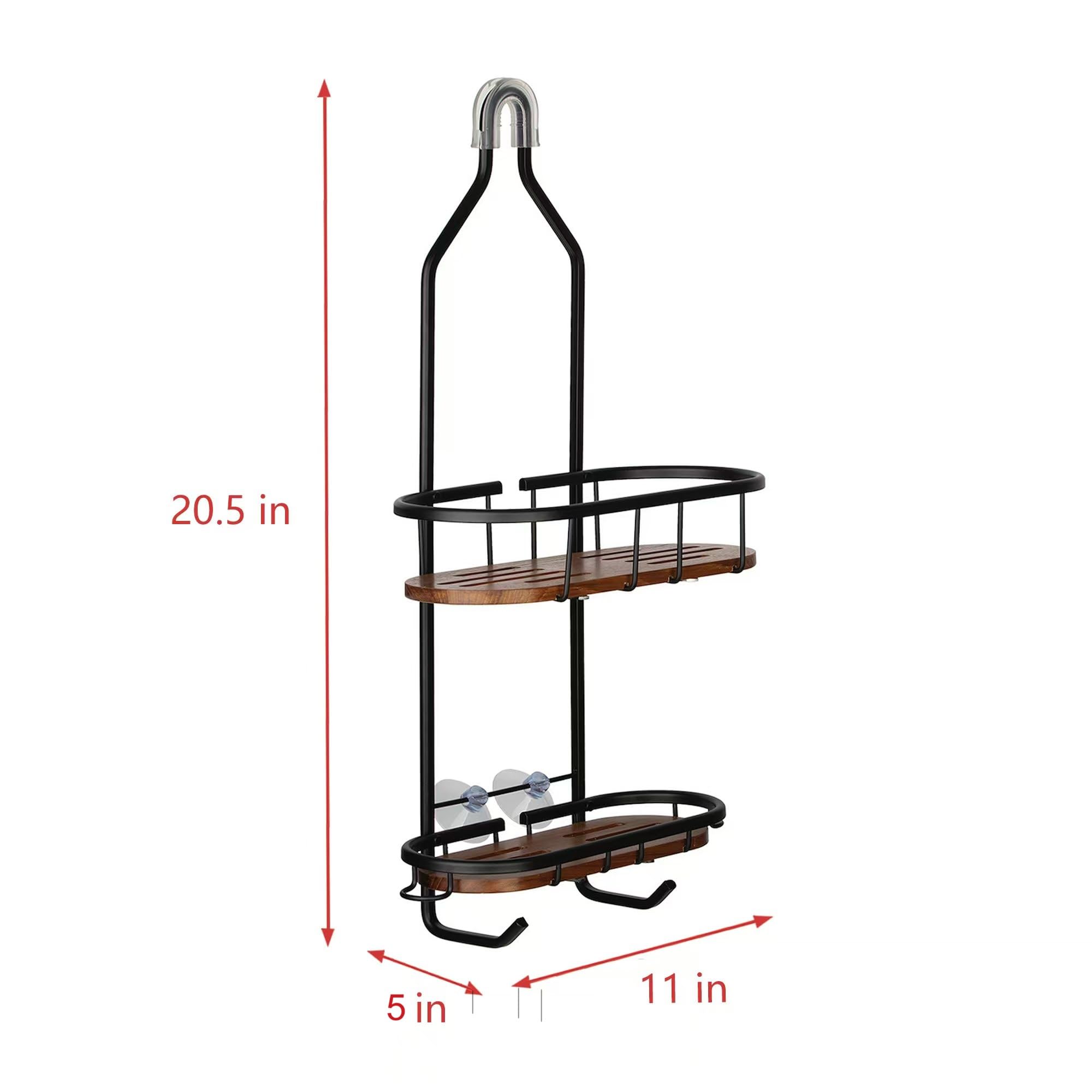 Utopia Alley Tia Rustproof Teak Overhead Shower Caddy with 2 Shelves - Decorative Shower Organizer for Shampoo, Soap & Bathroom Storage - Hanging Shower Head Caddy with Matte Black Finish - Perfect for Small Bathrooms & Spa-Like Showers
