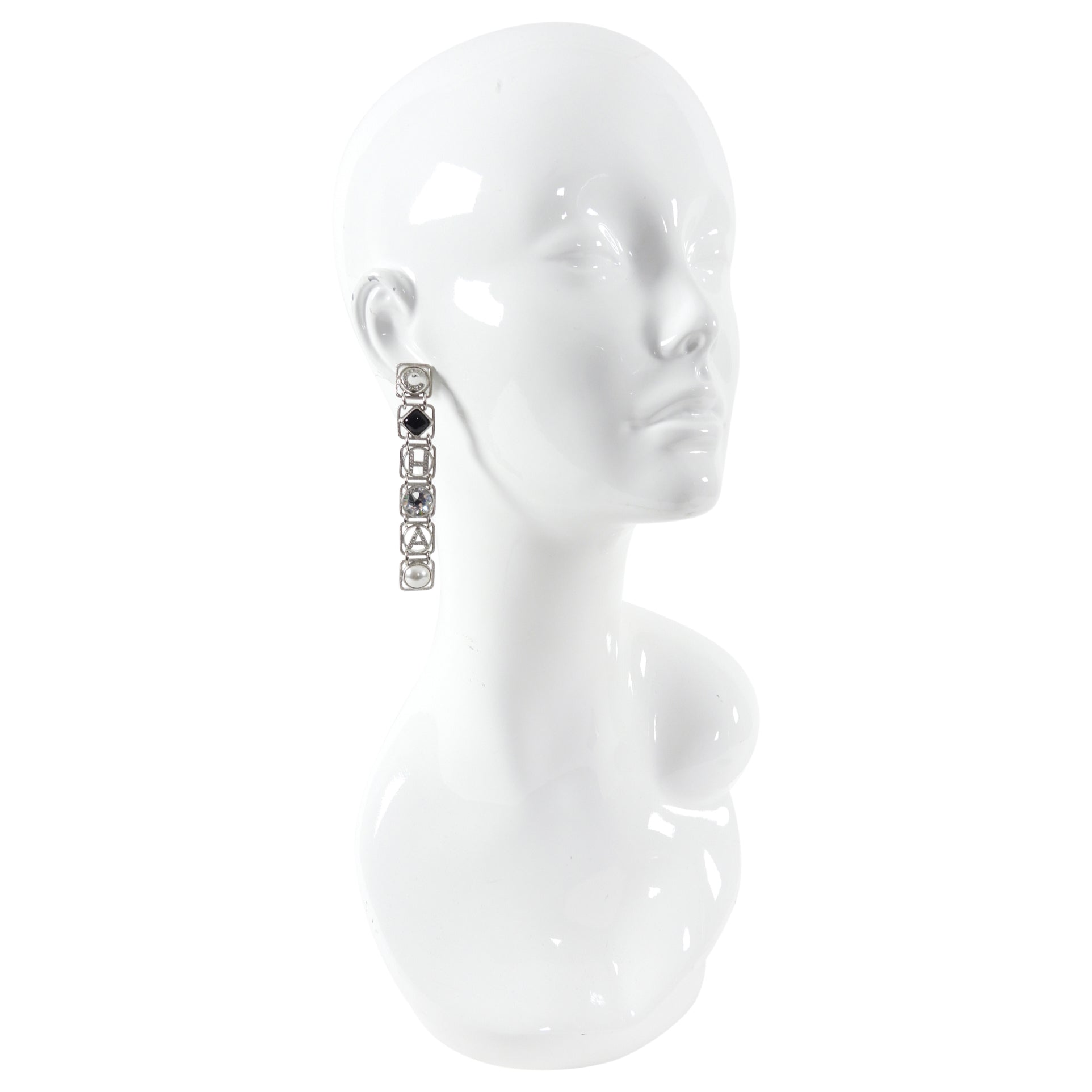 Chanel 20S Long Silver Crystal Logo Link Earrings - Luxury Fashion Jewelry for Women | Perfect for Parties, Weddings & Special Occasions