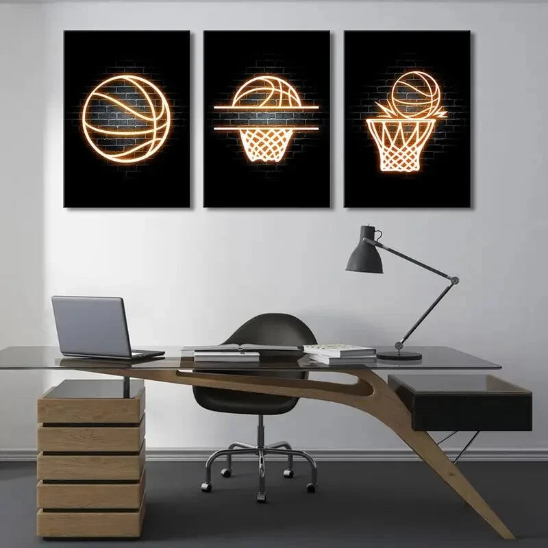 3-Piece Creative Basketball Art Neon Painting Metal Print - Ready to Hang Wall Decor for Man Cave, Game Room & Sports Bar