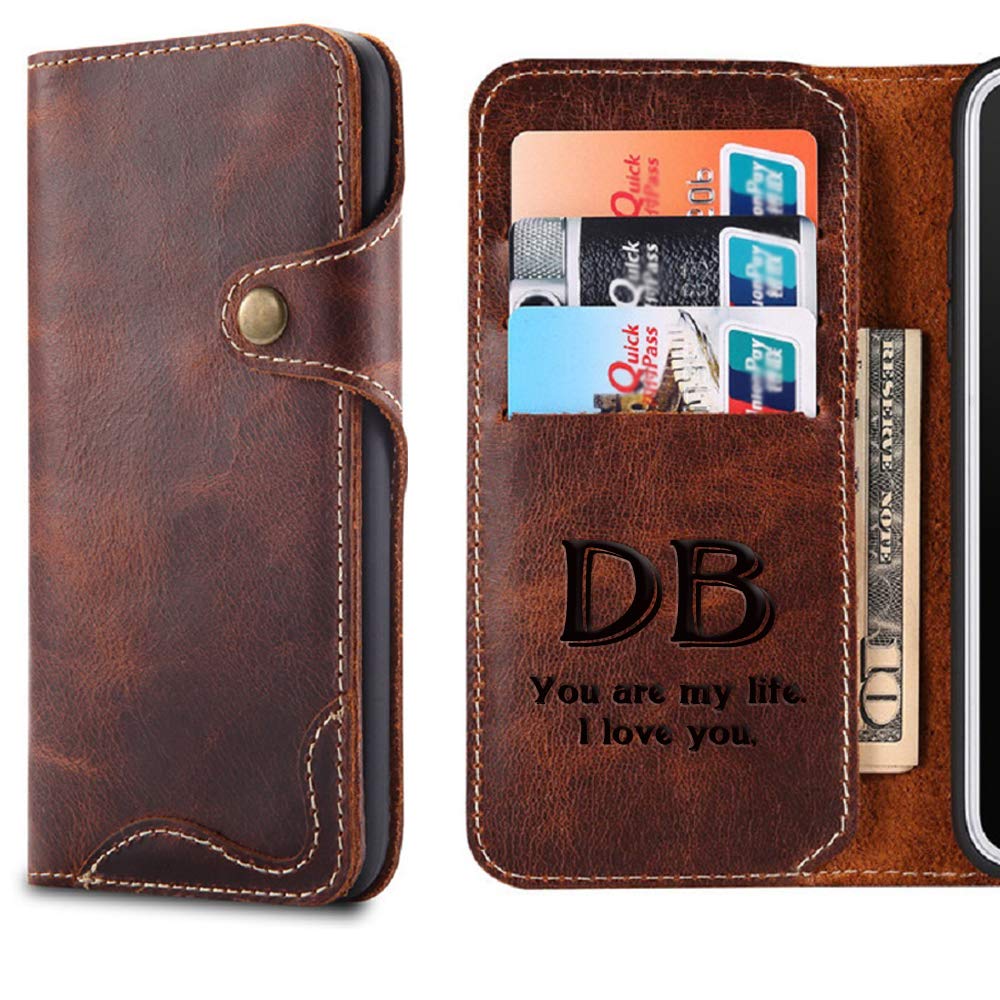 Premium Genuine Leather iPhone Wallet Case for iPhone X/XS/XR/XS Max/8/7/6s/Plus - RFID Blocking Anti-Scratch Cowhide Phone Cover with Card Slots (Brown) - Custom Engraving Available - Ideal for Business Professionals & Travelers - Perfect for Office, Commuting, Business Meetings & Luxury Gifts - Durable Leather Case for Work, Daily Use & Special Occasions - Great for Protecting Your Phone & Cards While Shopping, Traveling or Attending Events