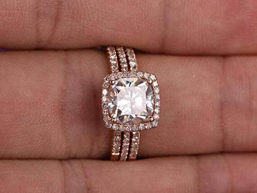 2ct Moissanite Halo Ring Set in 10k Rose Gold for Wedding & Engagement