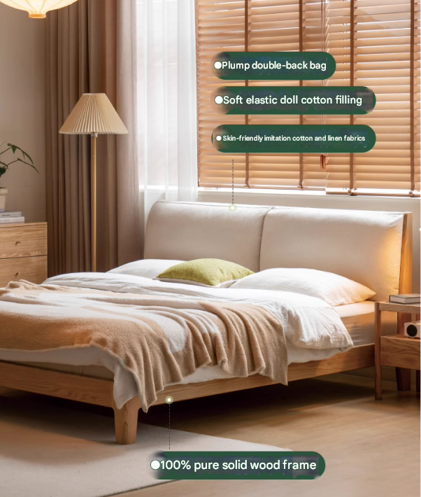 Solid Oak and Black Walnut Wood Fabric Soft Bed - Premium Handcrafted Wooden Bed Frame for Bedroom, Durable and Stylish Home Furniture for Master Bedroom, Guest Room, or Kids Room