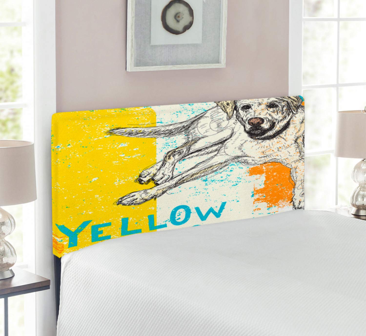 Ambesonne Yellow Upholstered Headboard with Sitting Dog Sketch Design - Striped Weathered Effect, Decorative Metal Bed Frame with Memory Foam - Twin Size in Yellow Beige Blue | Perfect for Pet Lovers' Bedroom Decor & Cozy Bedroom Makeover