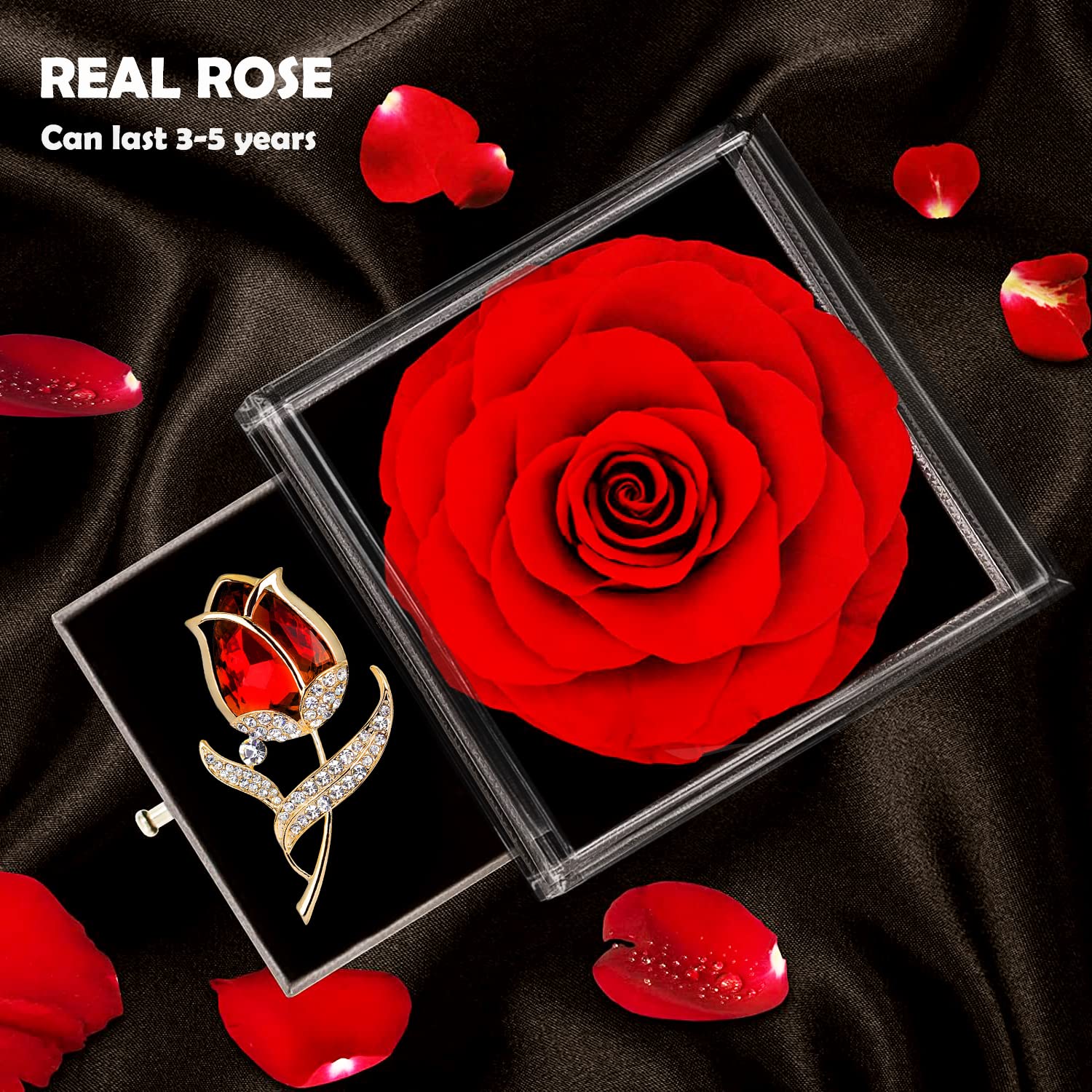 Enchanted Real Ruby Rose Brooch Gift Box - Handmade Eternal Preserved Red Rose in Jewelry Box for Christmas, Mother's Day & Anniversary - Perfect Romantic Gift for Her, Wedding Proposal, Valentine's Day & Special Occasions