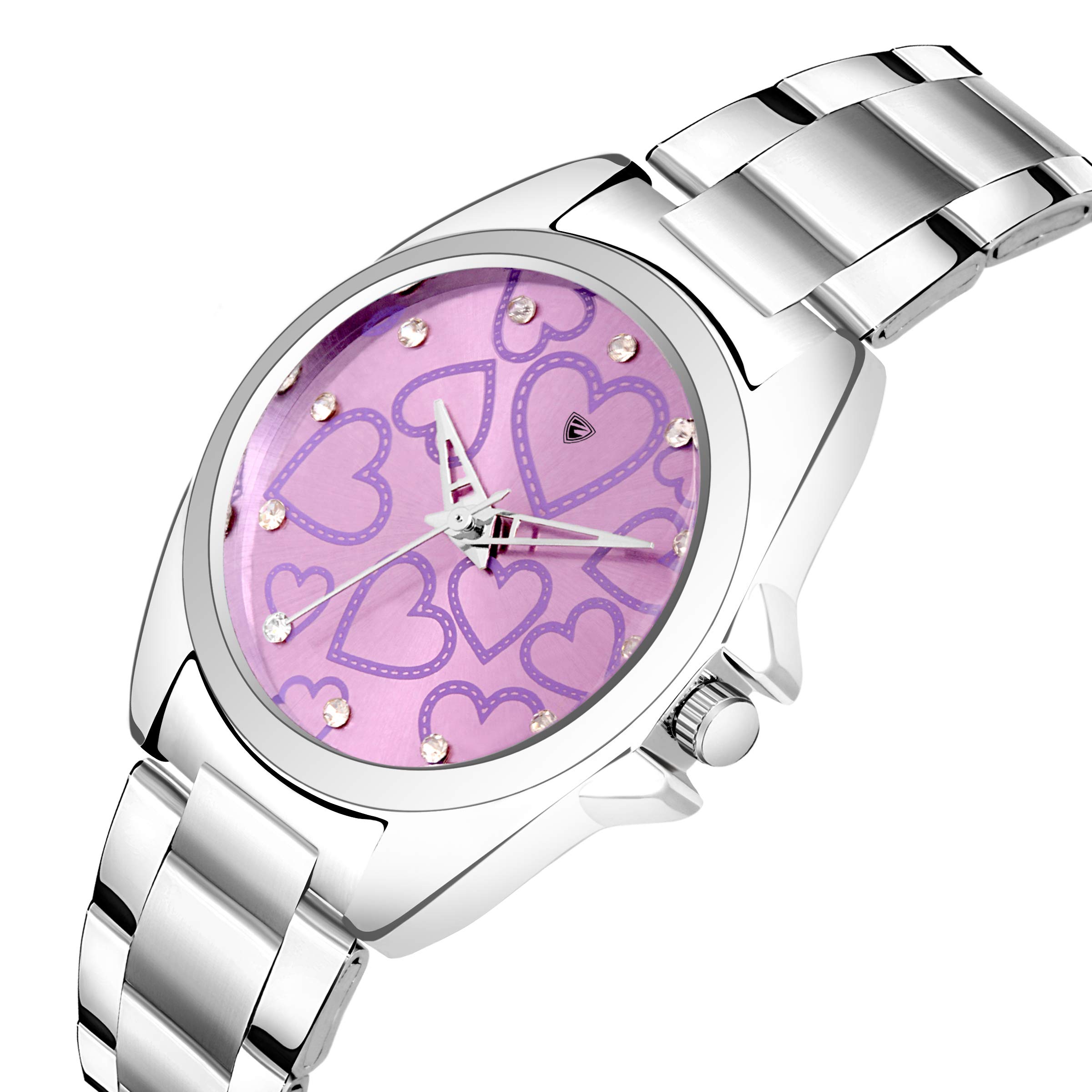EDINARO Elegant Purple Analogue Round Studded Dial Women's Wrist Watch with Silver Stainless Steel Bracelet - Perfect for Office, Party & Everyday Wear