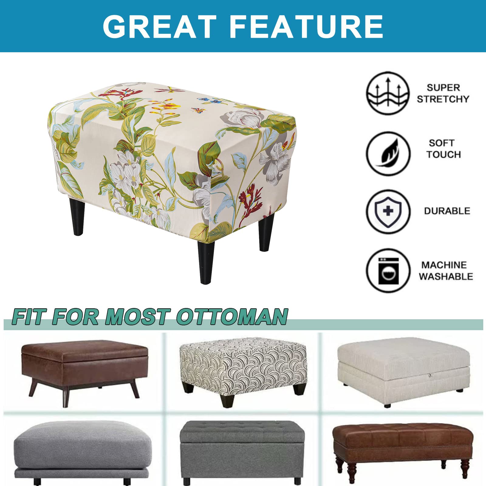 CRFATOP X-Large Printed Stretch Ottoman Chair Cover - Elastic Rectangle Storage Stool Slipcover for Footrest, Sofa & Footstool - Perfect for Living Room, Bedroom & Home Decor (30