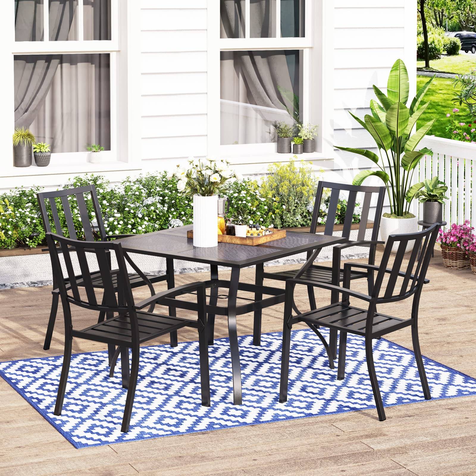 MFSTUDIO 5-Piece Outdoor Patio Dining Set - Black Metal Square Table with 4 Stackable Chairs & 1.57