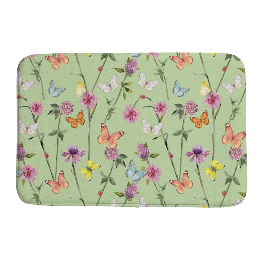 Non-Slip Memory Foam Bath Mat - Soft Rubber Back, Fast Drying, Machine Washable - 36 x 24 Inch Ladybug Meadow Flowers Design - Perfect for Hotel & Home Bathroom Decor