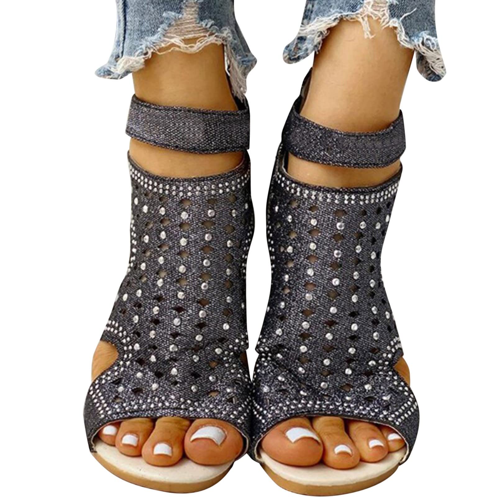 LUOPUNAQ Women's Spring Sandals - Flat Slip On Crystal Hollow Open Toe Boho Sandals for Casual Wear & Beach Vacation | Comfortable Summer Footwear for Walking, Travel, and Outdoor Activities