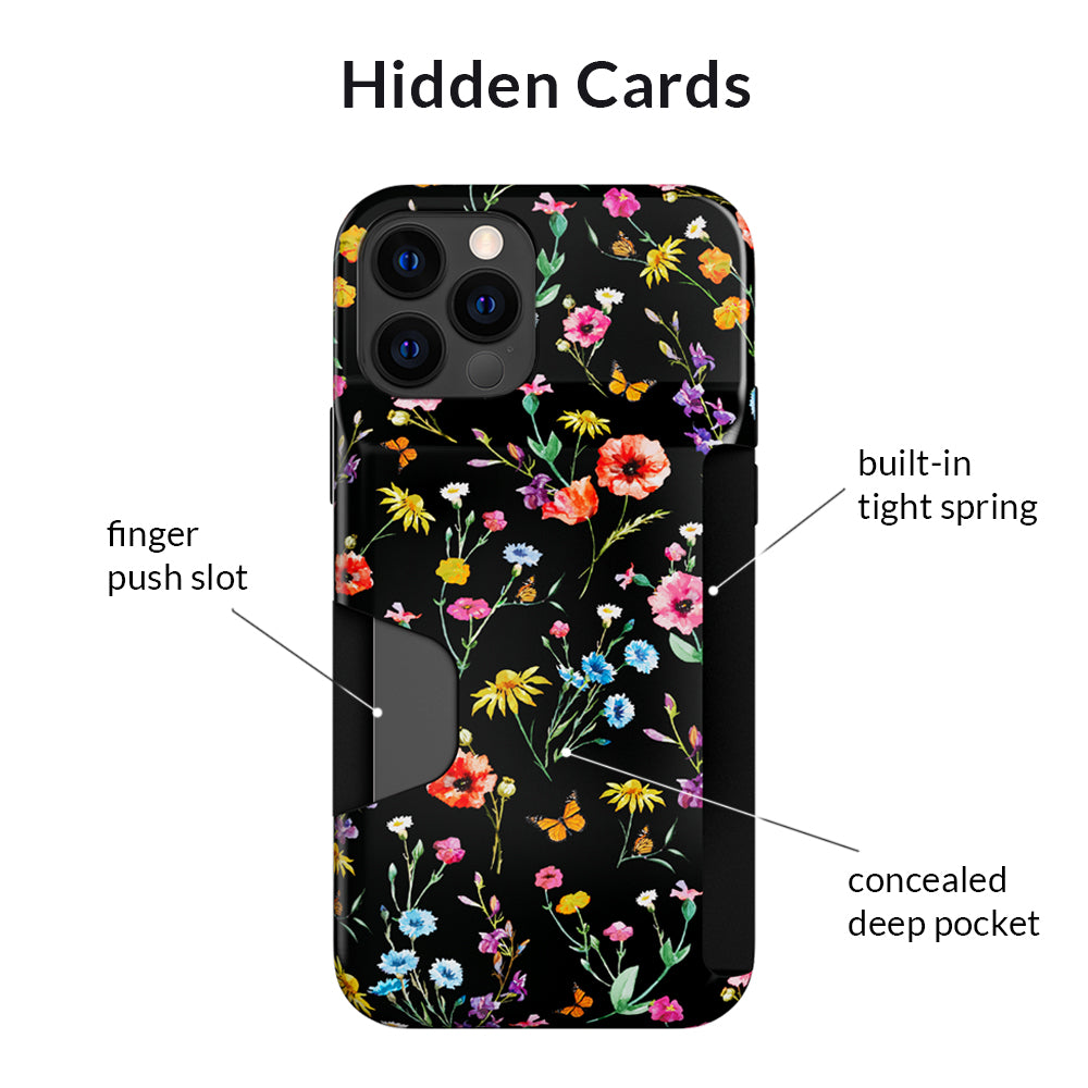 Premium Black Wildflower iPhone Wallet Case - Slim Protective Cover with Card Holder for iPhone 13/14/15 - Perfect for Everyday Use, Travel & Shopping