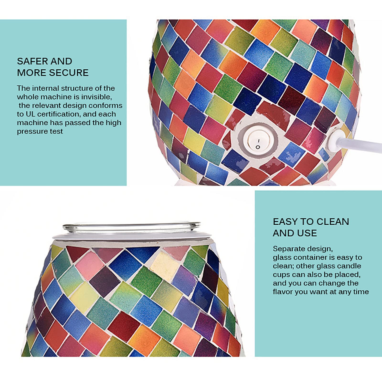 Lake Blue Triangle Mosaic Electric Candle Warmer - Aromatherapy Wax Melter with Night Light, Home Decor Gift for Bedroom, Bathroom & Living Room