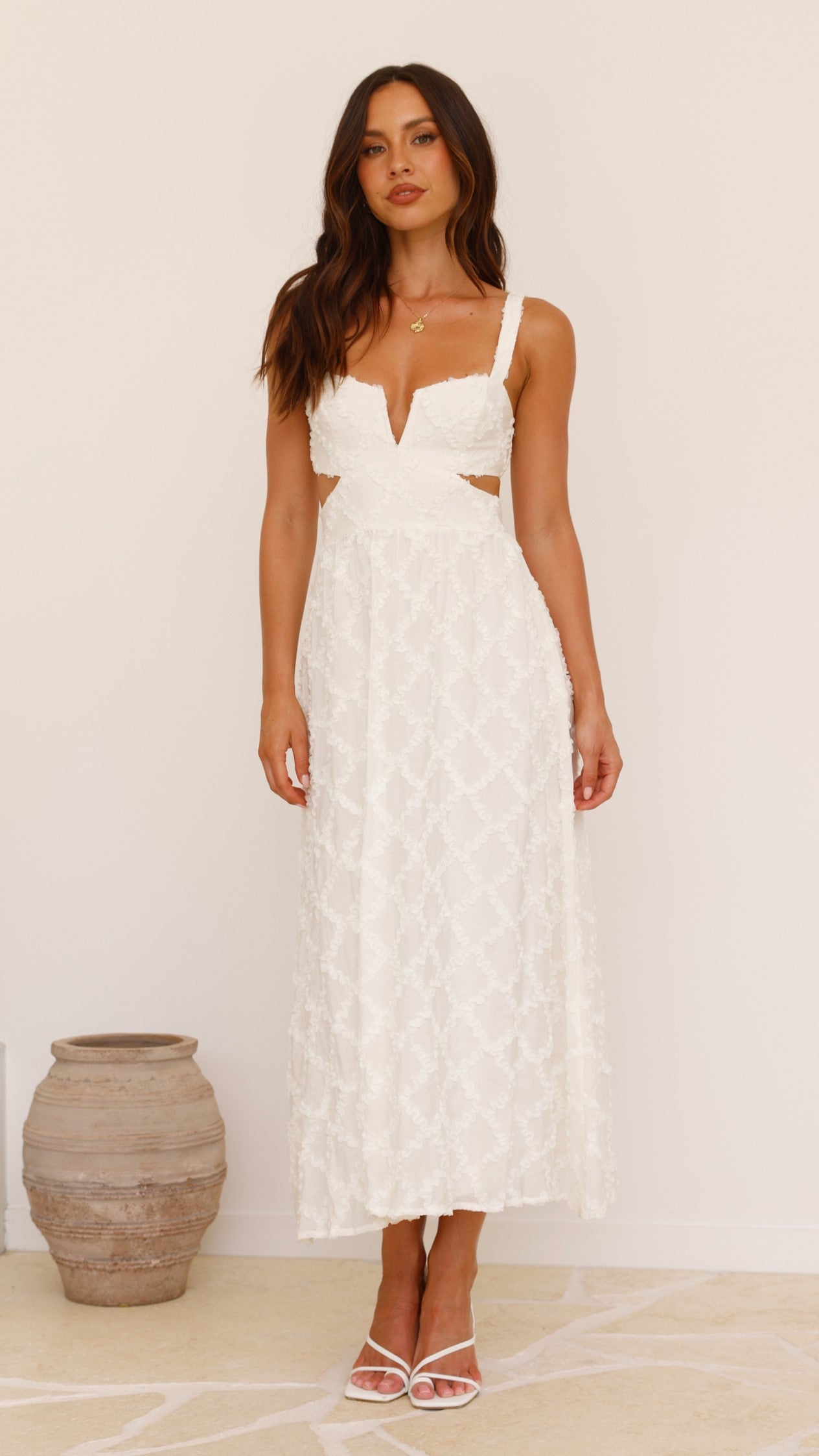 Jenny Side Cut Midi Dress in Cream - Elegant Flowy Summer Dress for Women, Perfect for Beach Vacations, Date Nights & Cocktail Parties