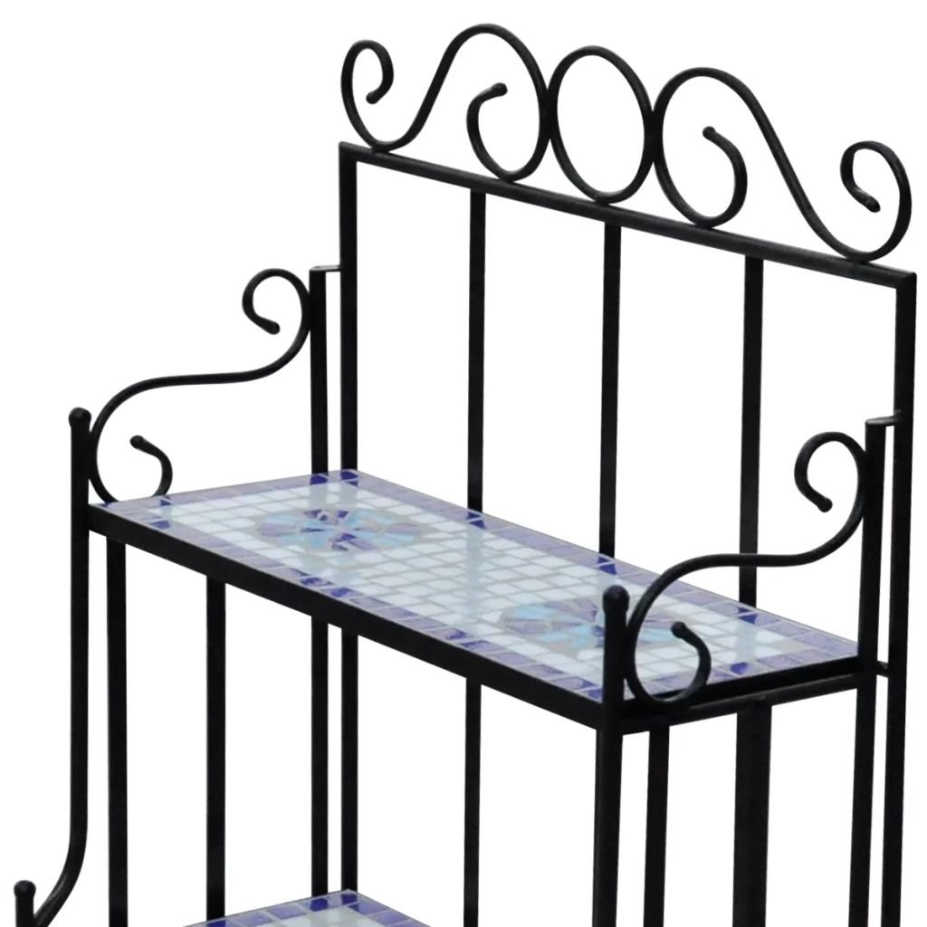 Tidyard Blue and White Iron Plant Stand with Ceramic Tile Shelves - 22.8